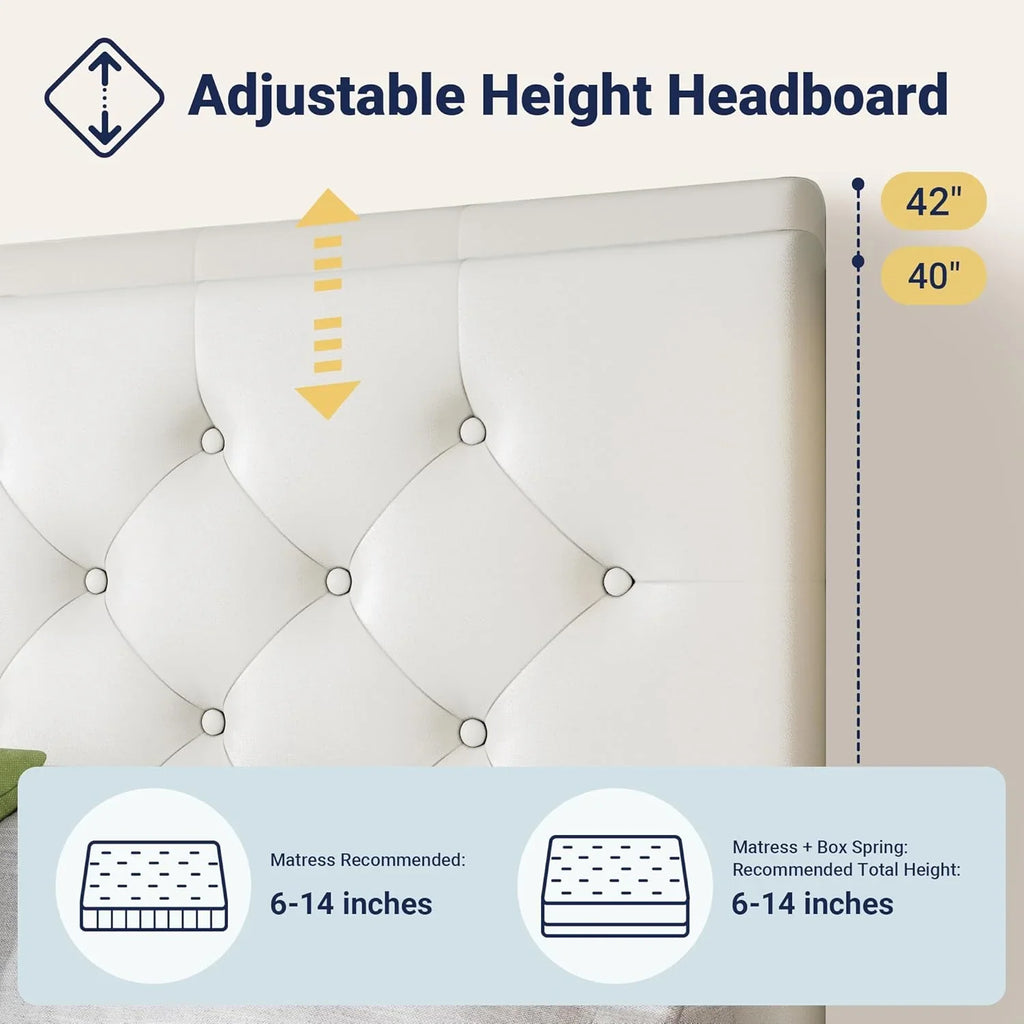 Cadre de lit plateforme Allewie rembourré Queen Size avec 4 tiroirs de rangement et tête de lit, capitonné à boutons à coutures carrées, sommier à lattes en bois, pas besoin de sommier.