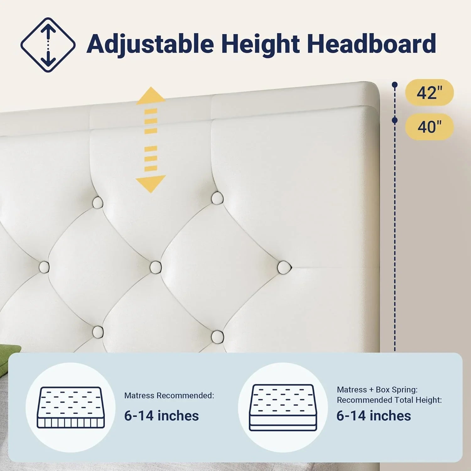 Cadre de lit plateforme Allewie rembourré Queen Size avec 4 tiroirs de rangement et tête de lit, capitonné à boutons à coutures carrées, sommier à lattes en bois, pas besoin de sommier.