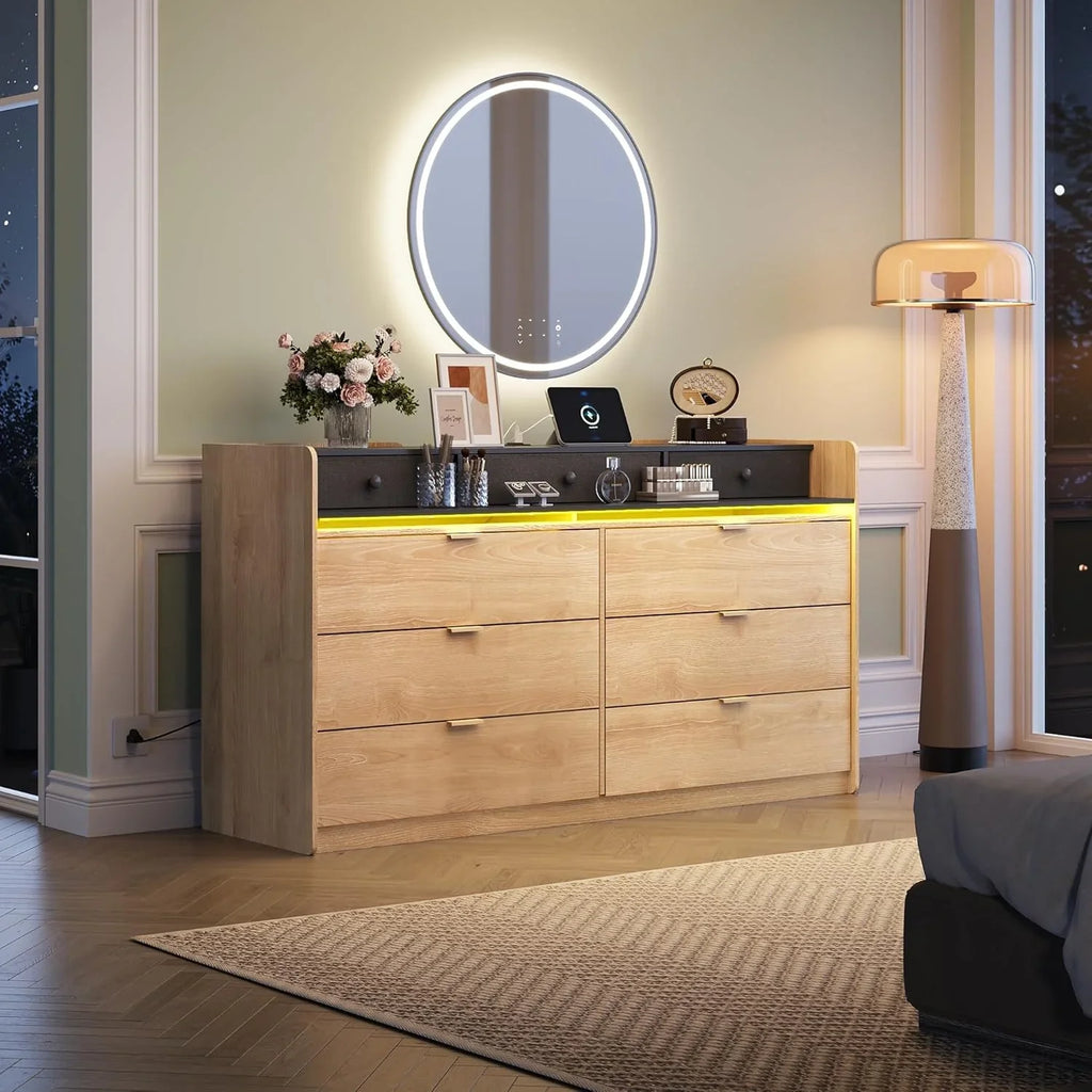 Commode LED à 9 tiroirs pour chambre à coucher, 148 cm de large, organiseur de rangement en bois avec prise électrique