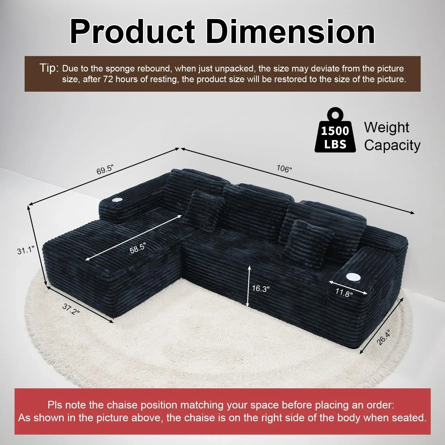 Cloud section sofa with L-shaped recliner, modern modular sofa, built-in cup holder