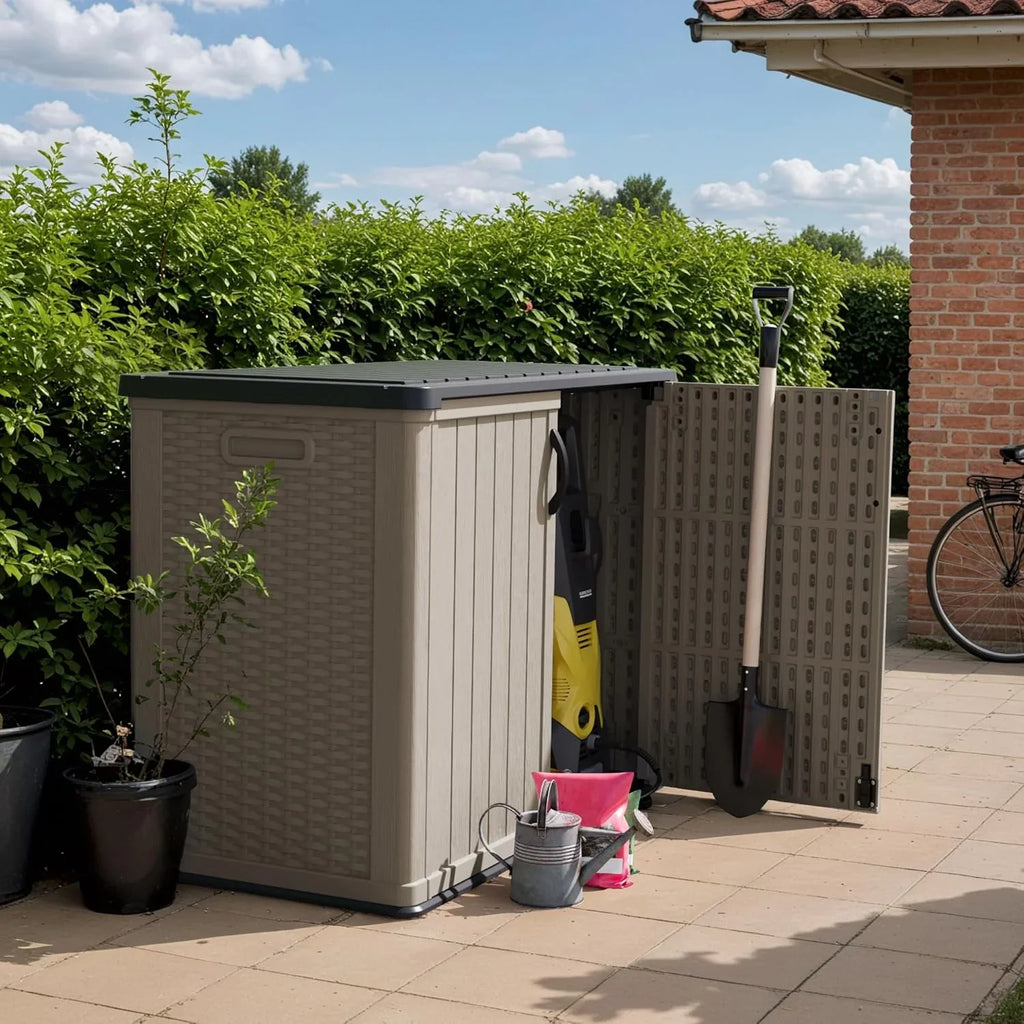 Armoire de rangement extérieure Devoko 26 pi³ avec portes verrouillables, abri de rangement horizontal, boîte de rangement étanche pour outils de patio