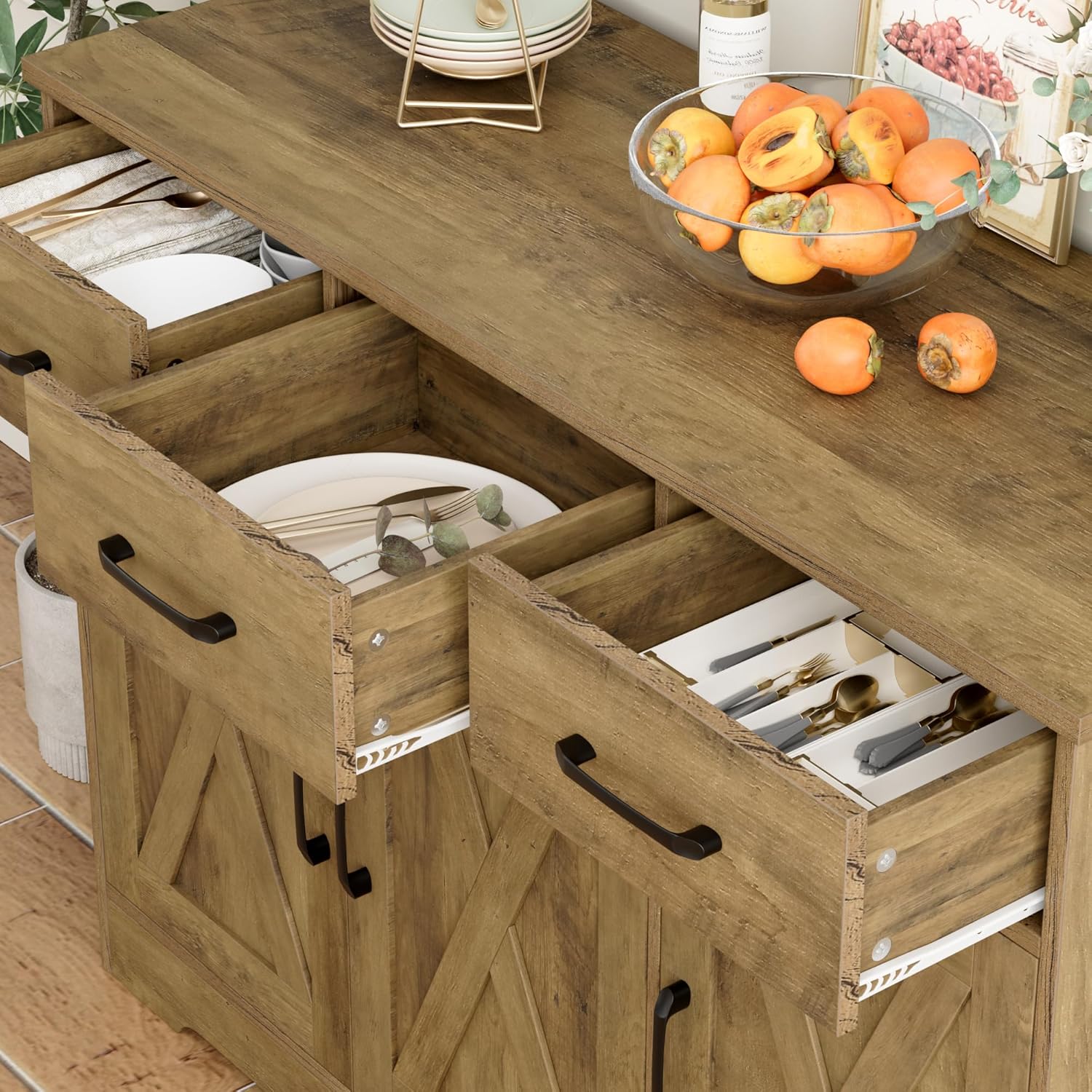 Buffet de ferme moderne, buffet de porte de grange avec tiroirs et étagères, bar à café en bois avec rangement