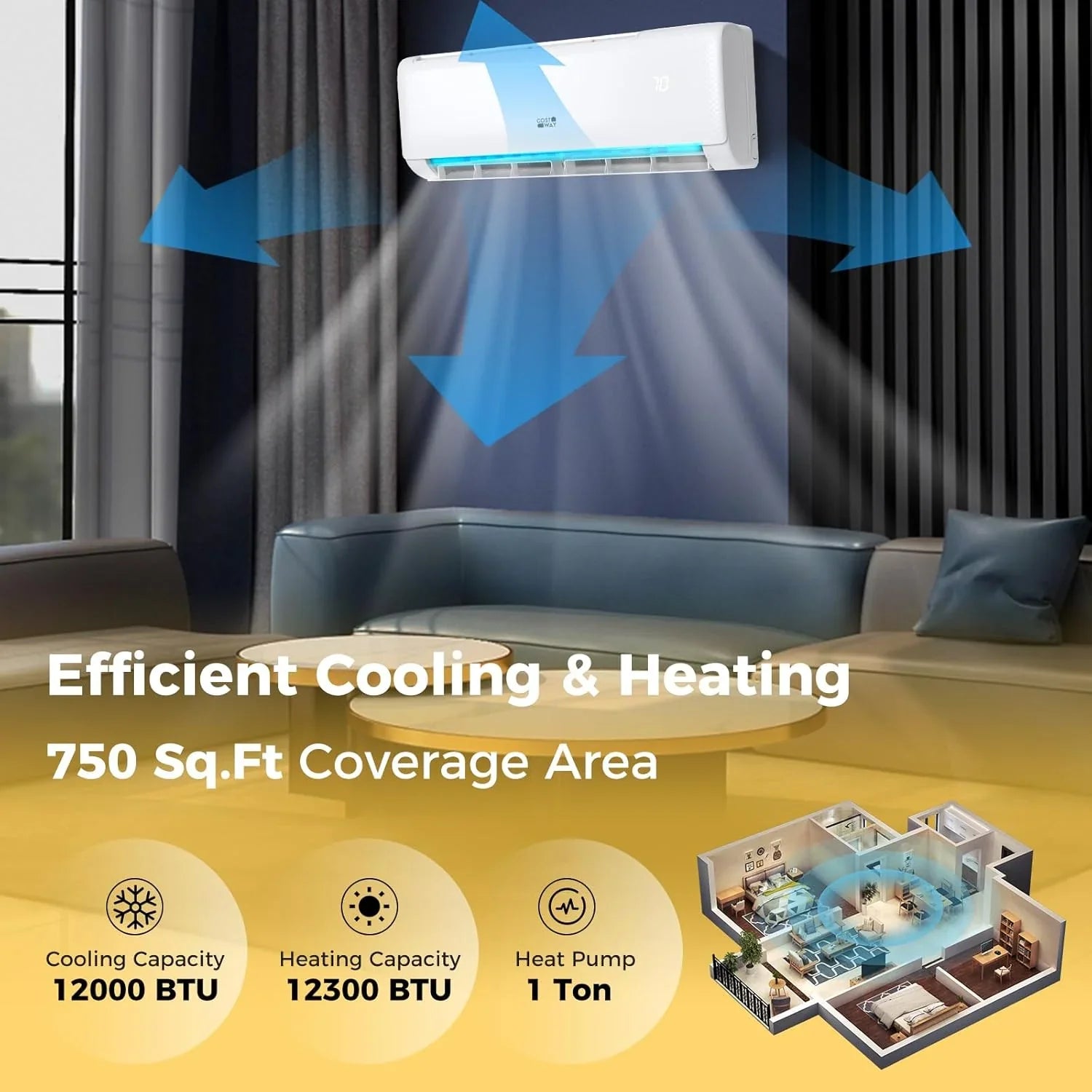 Climatiseur et chauffage mini-split Costway 12 000 BTU, 20 SEER2 115 V, unité de climatisation murale sans conduit, refroidit les pièces jusqu'à 750 pi²