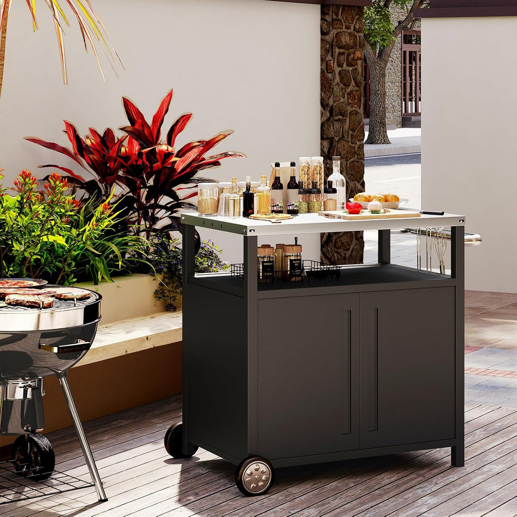 Chariot de barbecue d'extérieur en acier inoxydable, support de four à pizza, table roulante, chariot de barbecue robuste