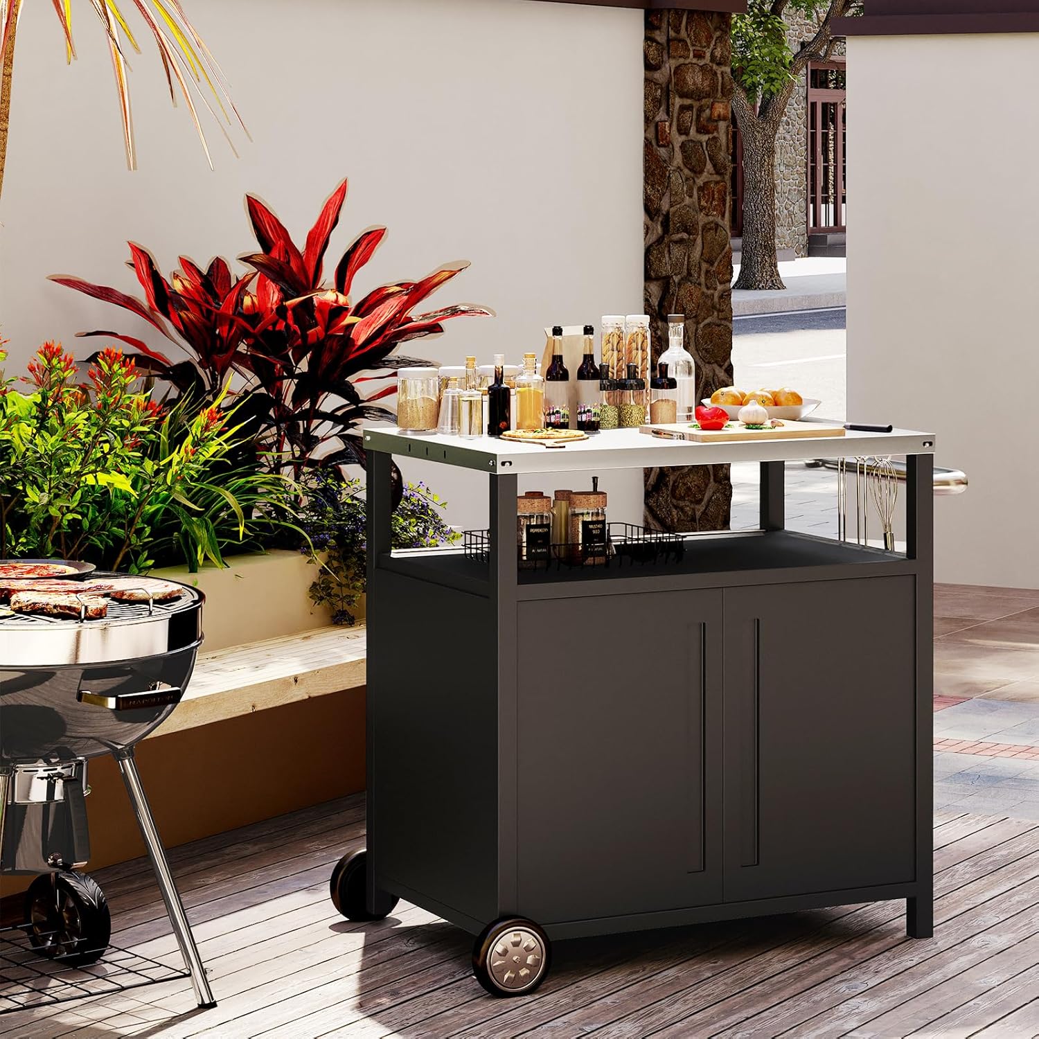 Chariot de barbecue d'extérieur en acier inoxydable, support de four à pizza, table roulante, chariot de barbecue robuste