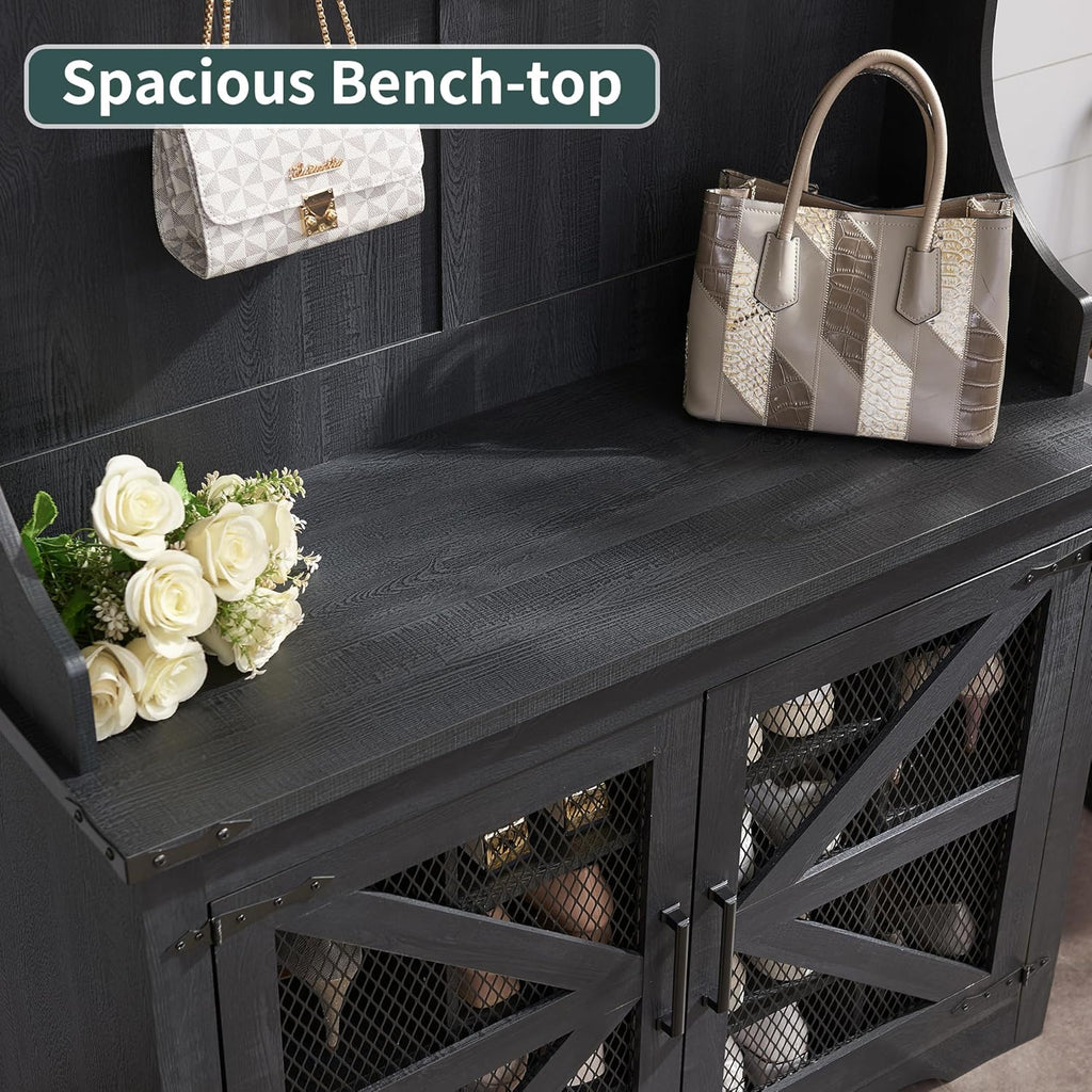 JXQTLINGMU Arbre de foyer de ferme de 59 pouces avec rangement pour chaussures, banc d'entrée, porte-manteau, armoire