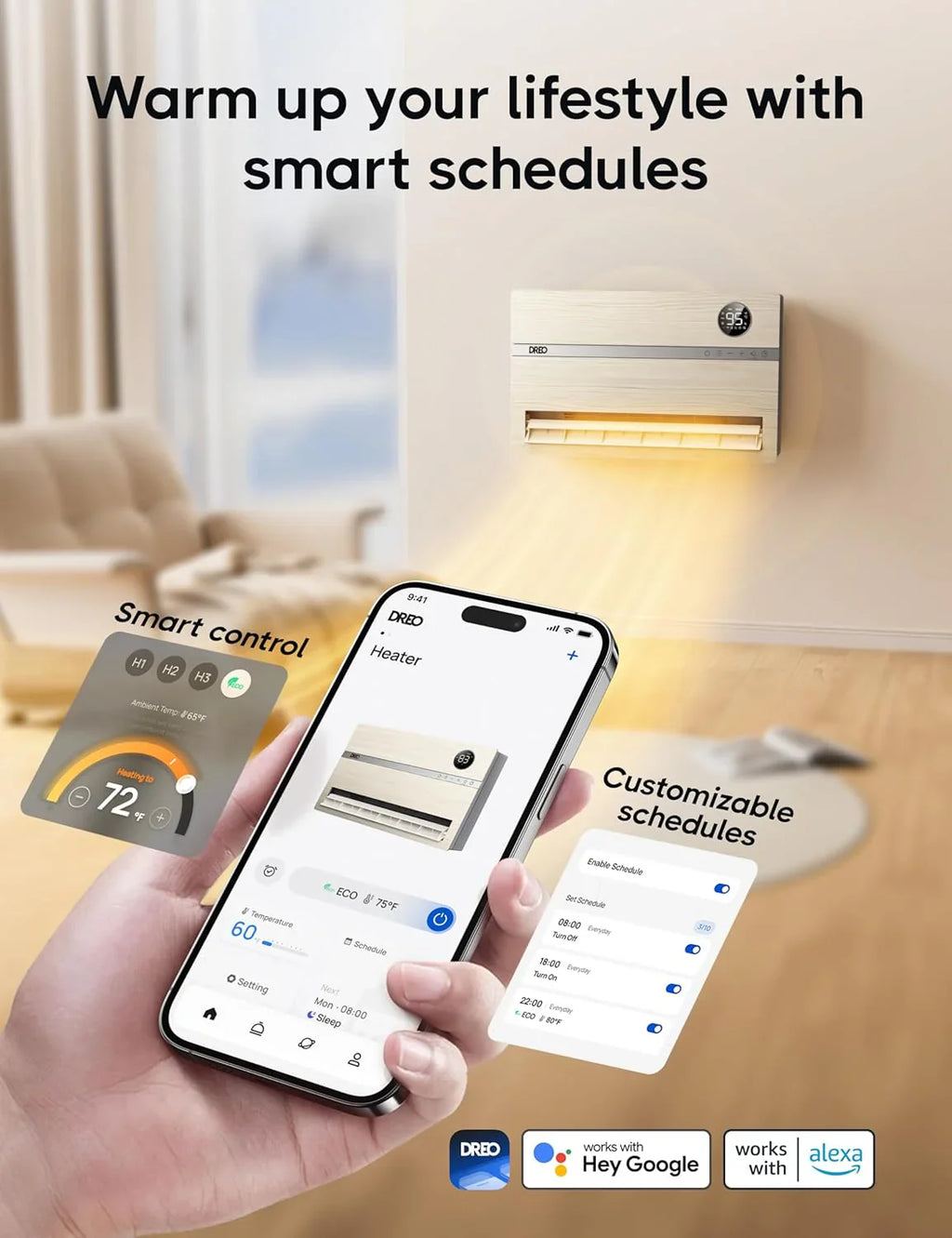 Chauffage mural intelligent, chauffage électrique de chambre, thermostat réglable 1500 W, minuterie 24 heures, chauffage d'intérieur facile à installer