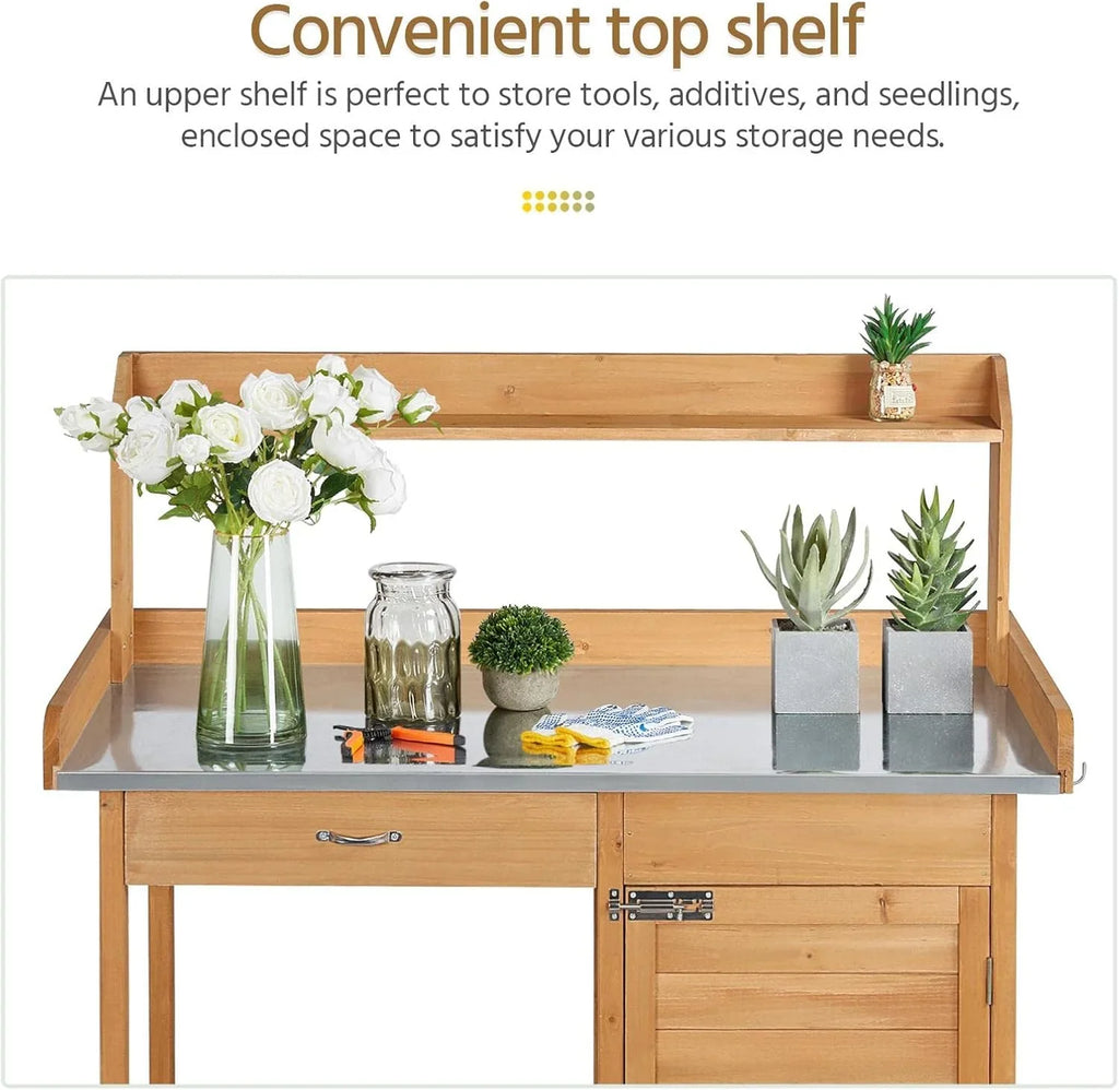 Yaheetech Banc de jardin extérieur avec plateau en métal et tiroir, étagère ouverte, bois naturel