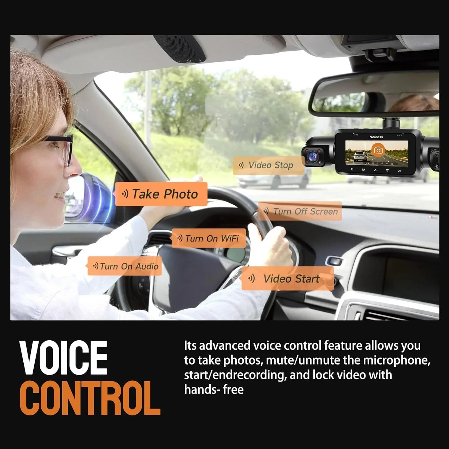 360° 4-kanaals FHD-dashcam (4 x 1080p), wifi, GPS, spraakbediening, 2K + 1080p dashcam aan de voorzijde (x2), met 64GB SD-kaart, nachtzicht, 24/7 parkeermodus 