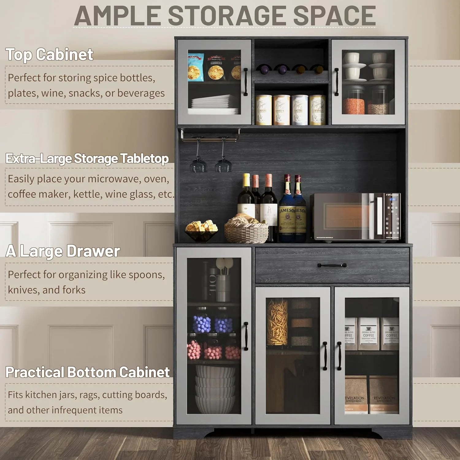 Armoire de garde-manger de 180 cm de haut avec portes vitrées