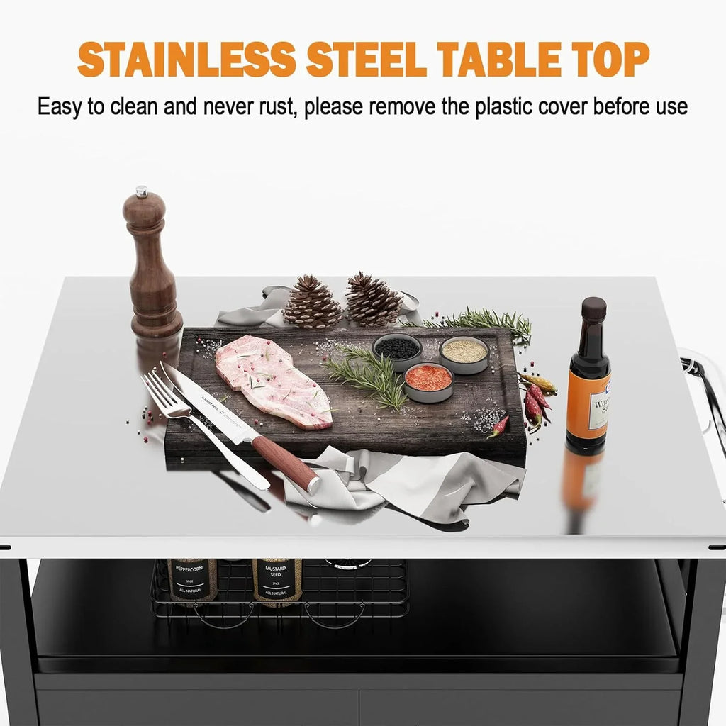 Chariot de barbecue d'extérieur en acier inoxydable, support de four à pizza, table roulante, chariot de barbecue robuste