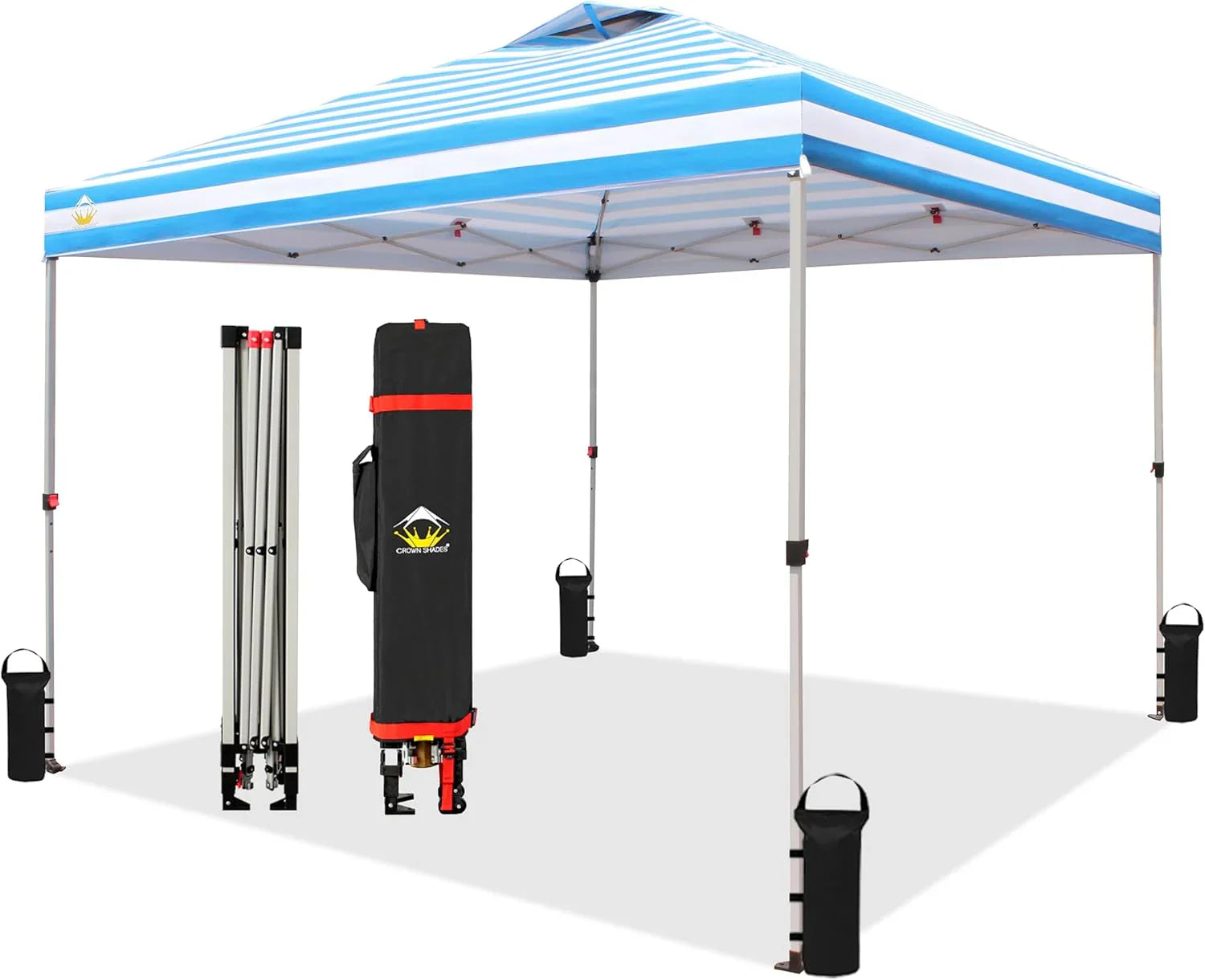 Auvent pop-up 10x10 - Installation en un clic - Tente de plage - Parasol extérieur avec dessus argenté, 3 hauteurs et 4 poches à sable