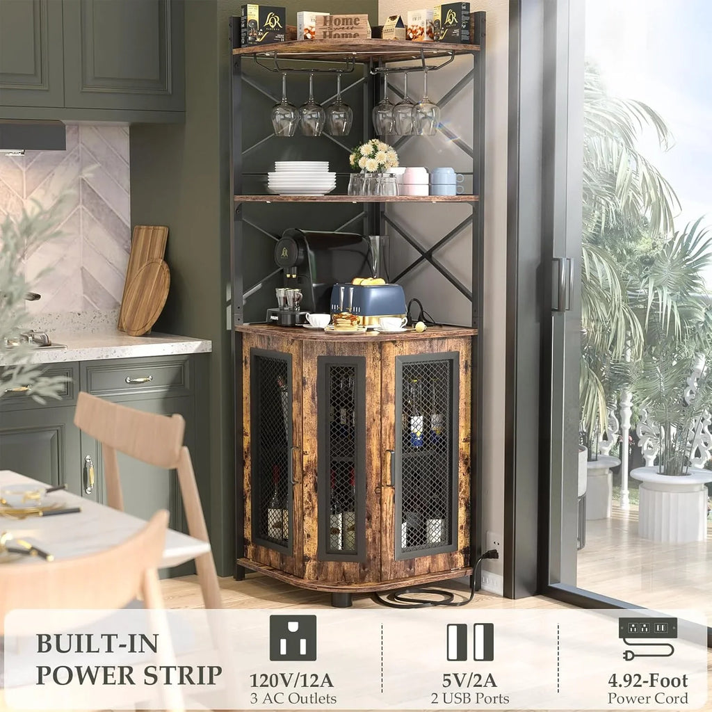 Meuble bar d'angle avec prise de courant, armoire à vin de style industriel avec bande lumineuse LED et support à verres, meuble bar à vin à cinq niveaux pour la maison, vitrine d'angle pour petit espace