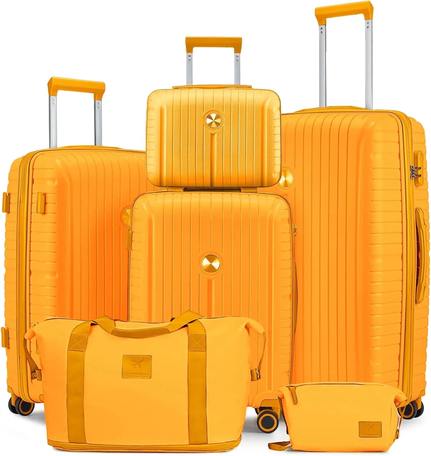 Ensemble de 5 valises de voyage légères à coque rigide en PP avec deux roulettes pivotantes et serrure TSA