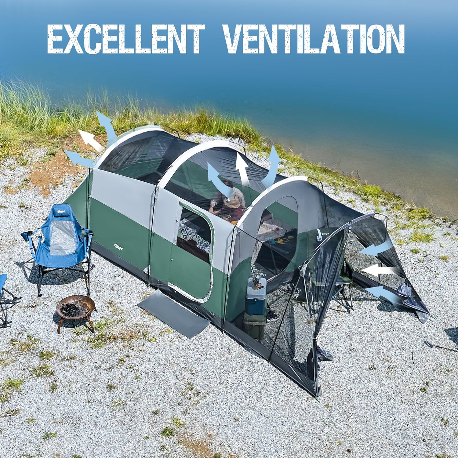 Tente de camping familiale PORTAL 6/8/10 personnes avec moustiquaire, grande tente tunnel étanche