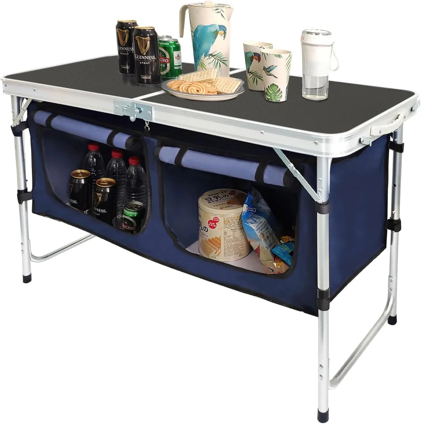 Table pliante d'extérieur en aluminium, légère, réglable en hauteur, avec rangement, pour barbecue, fête, camping