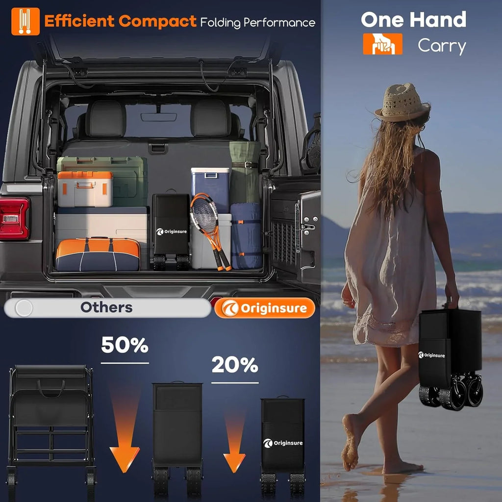 Poussette pliable à quatre roues de 96 cm de long, pliable, capacité de 200 kg, poussette de plage pliable robuste de 220 litres avec de grands pneus tout-terrain