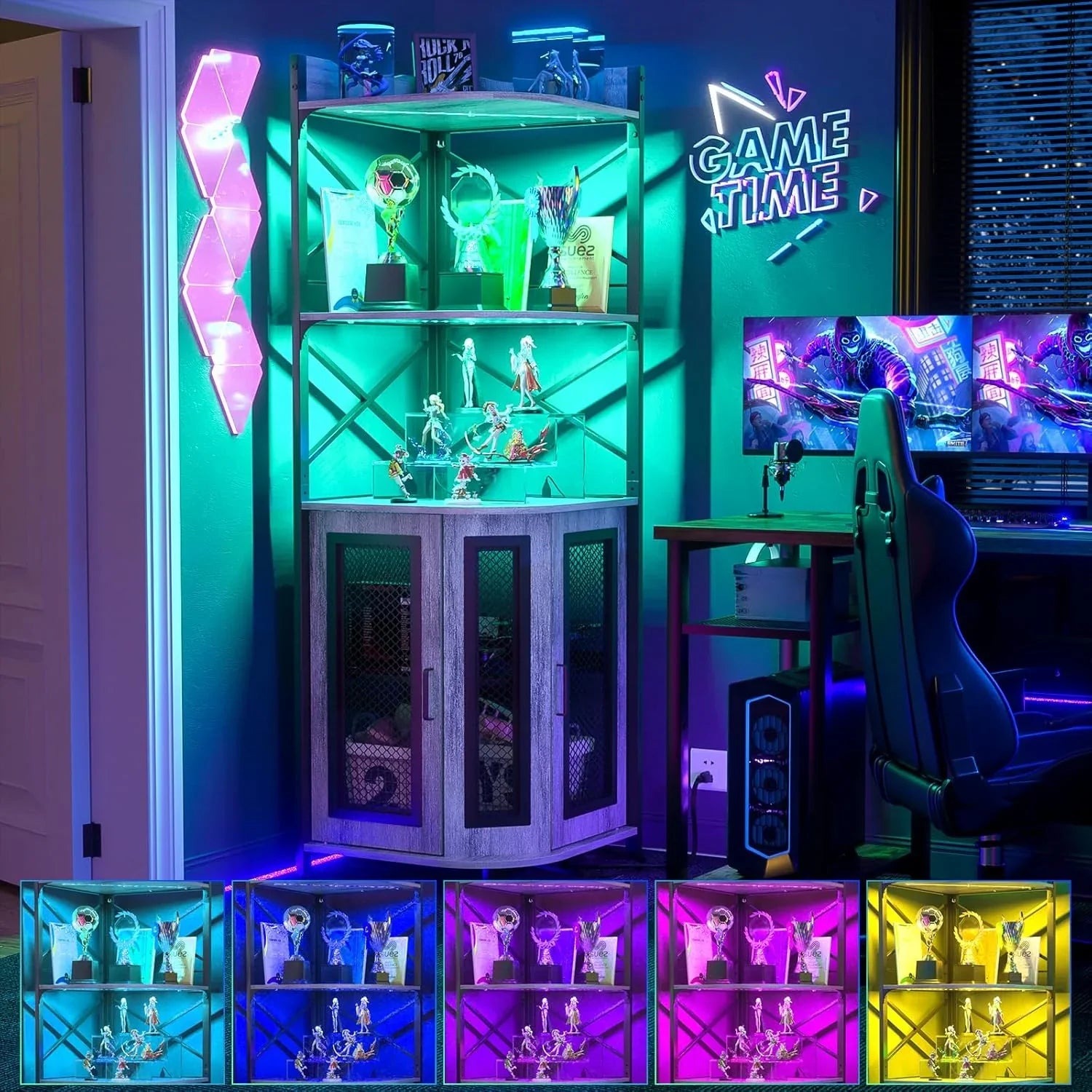 Meuble bar d'angle avec prise de courant, armoire à vin de style industriel avec bande lumineuse LED et support à verres, meuble bar à vin à cinq niveaux pour la maison, vitrine d'angle pour petit espace