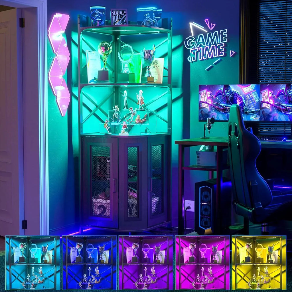 Meuble bar d'angle avec prise de courant, armoire à vin de style industriel avec bande lumineuse LED et support à verres, meuble bar à vin à cinq niveaux pour la maison, vitrine d'angle pour petit espace