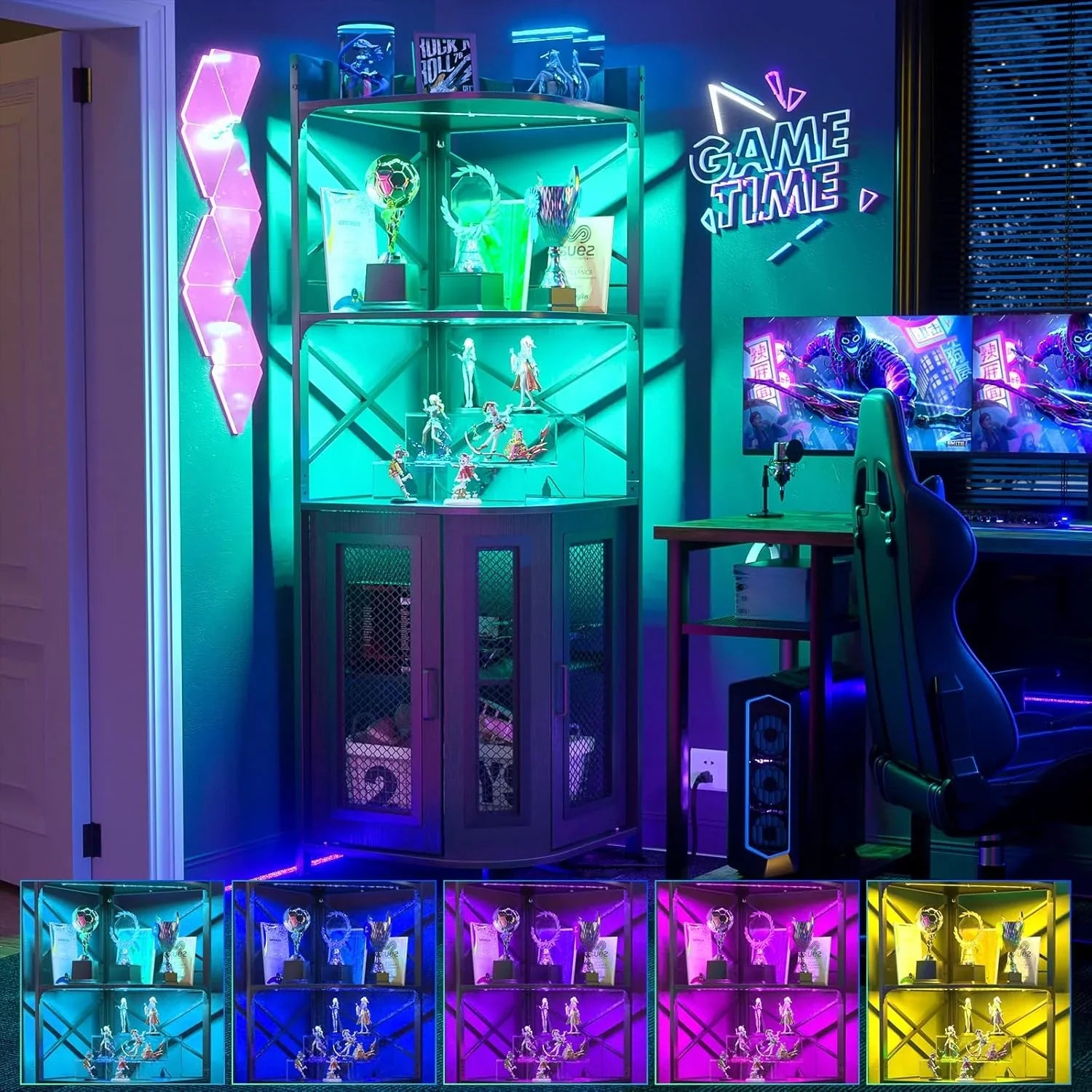 Meuble bar d'angle avec prise de courant, armoire à vin de style industriel avec bande lumineuse LED et support à verres, meuble bar à vin à cinq niveaux pour la maison, vitrine d'angle pour petit espace