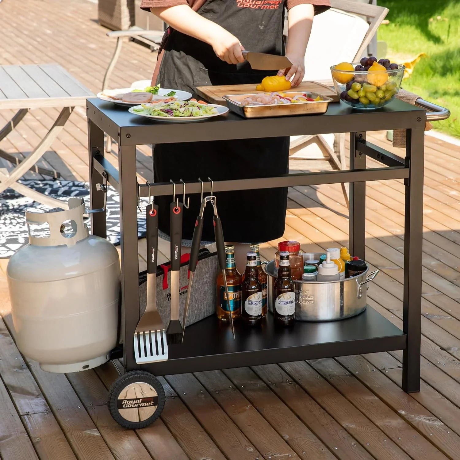 Table à manger Royal Gourmet avec double étagères, chariot de barbecue mobile en acier inoxydable, crochets et poignées latérales