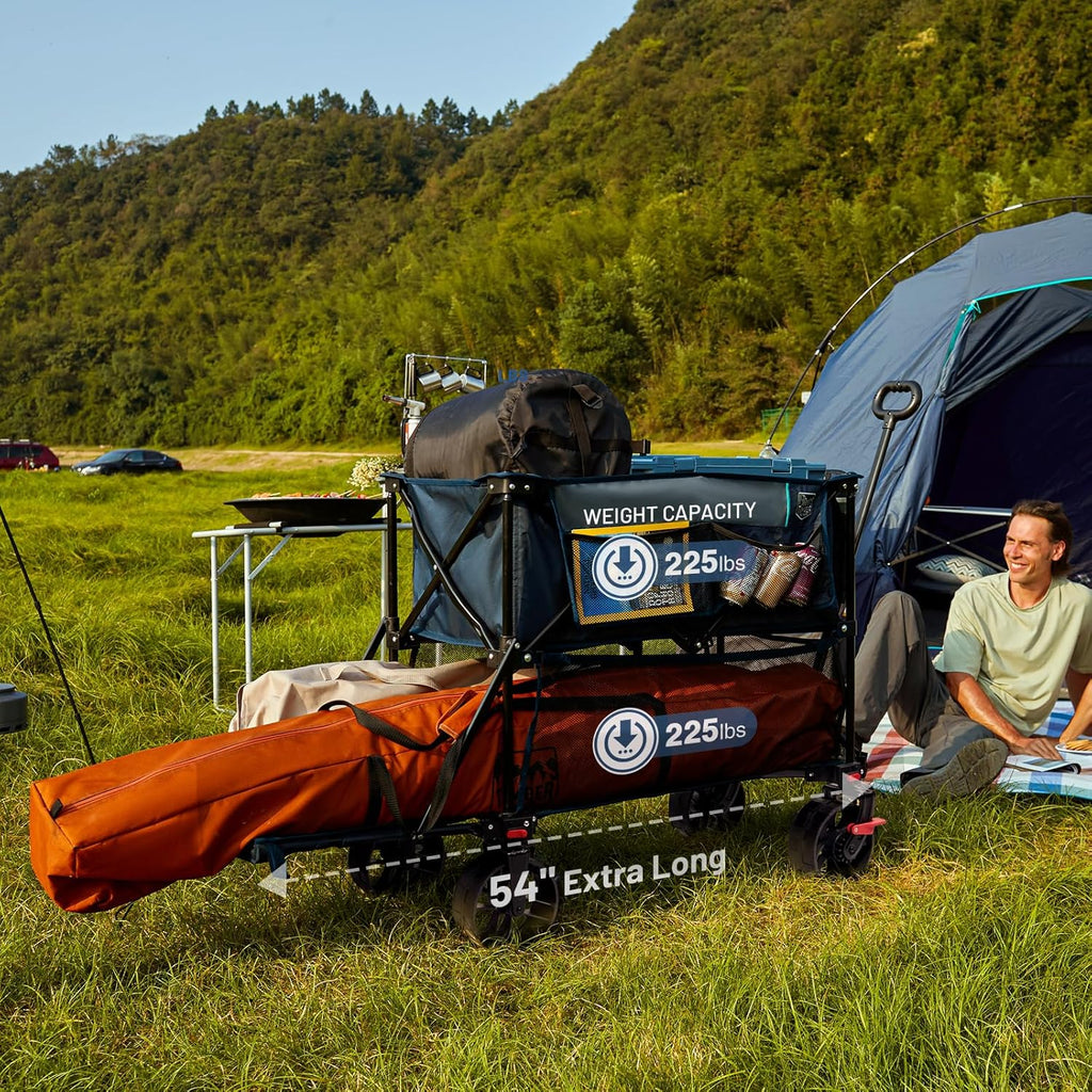 Chariot pliable à deux étages de grande capacité de 400 L avec freins, chariot extra-long de 54 pouces, chariot pliable robuste de 450 livres