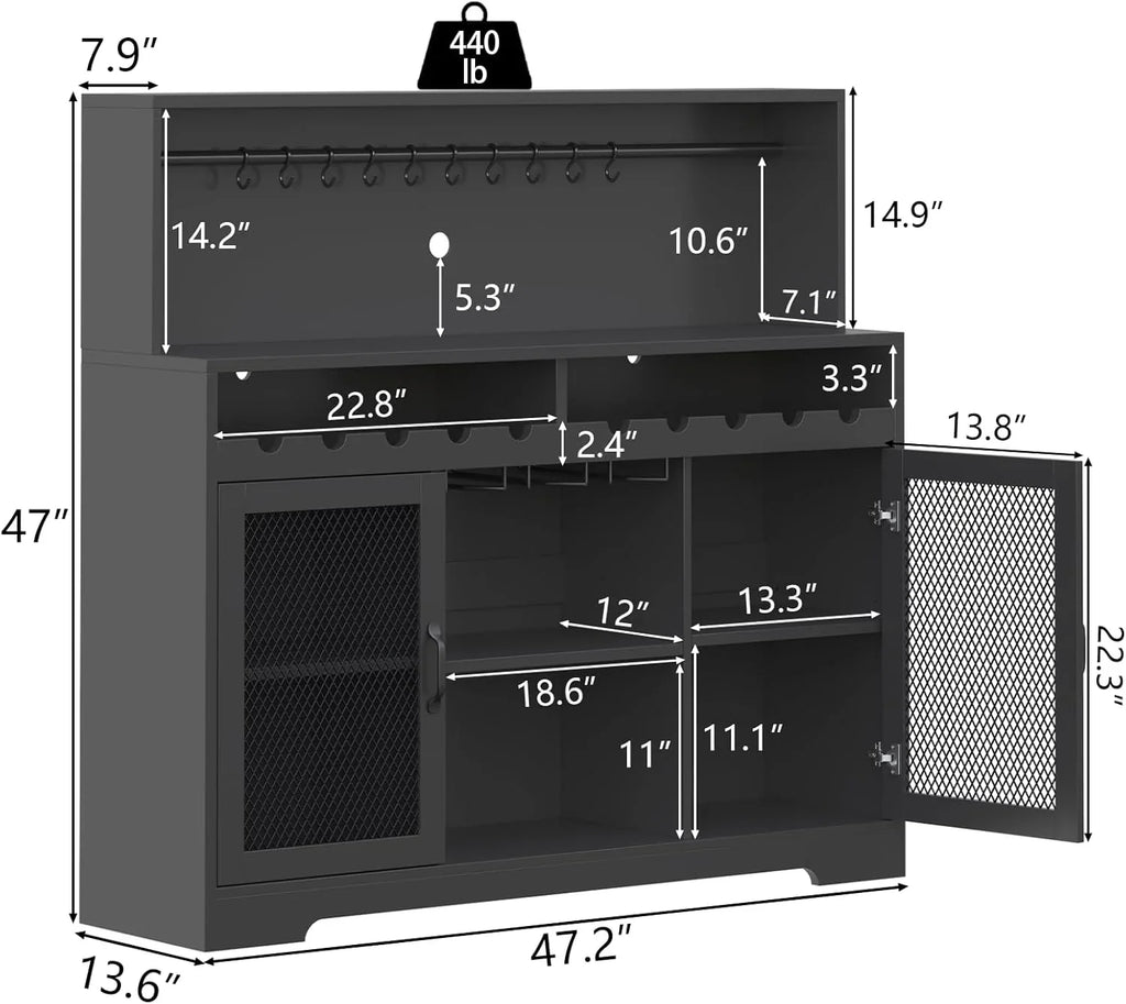 Bar à vin avec éclairage LED, meuble à liqueur avec porte-verres, bar à café pour liqueurs, buffet de rangement avec casiers à vin, armoire à vin