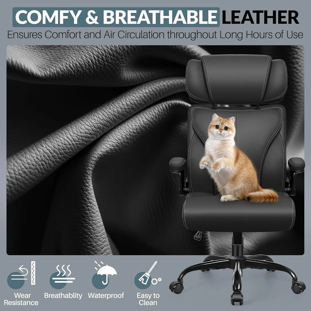 Chaise de bureau pivotante à pieds hauts, en cuir respirant, avec support lombaire