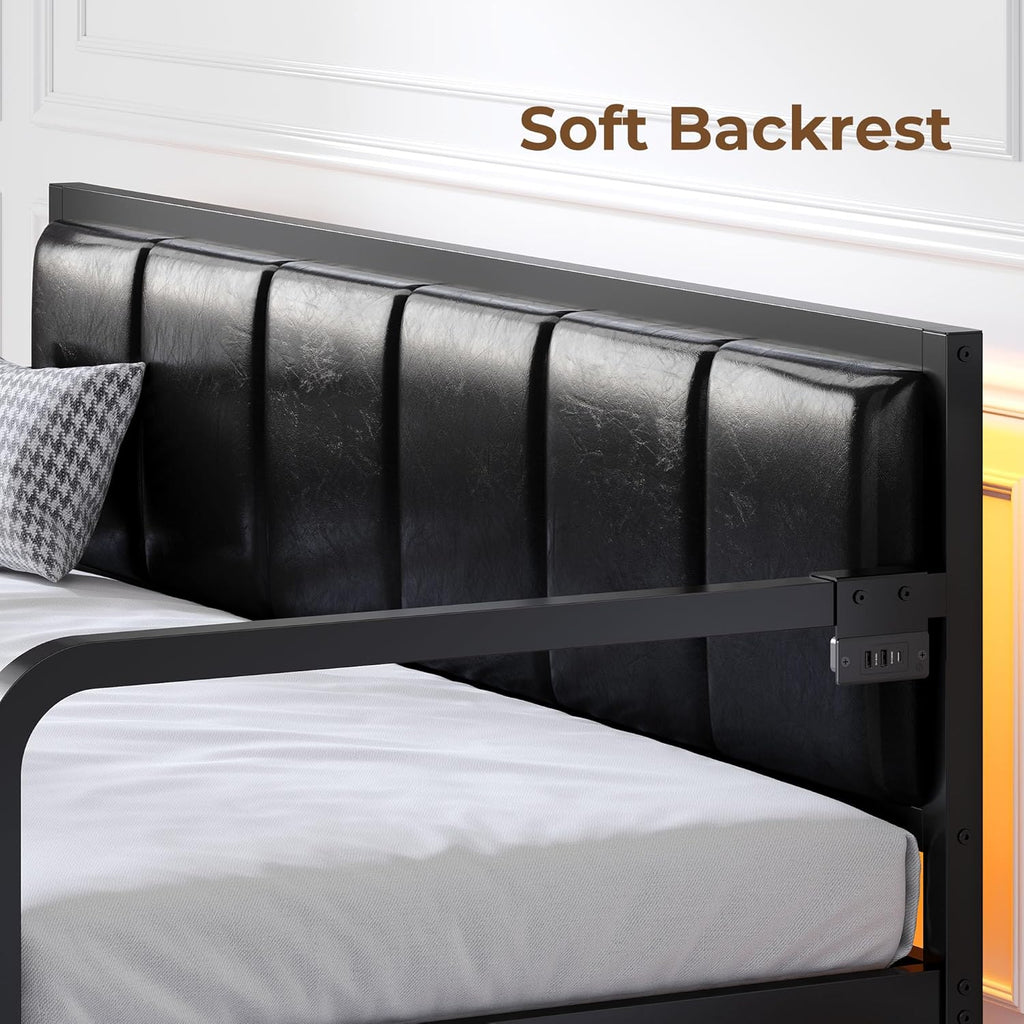 Lit de repos Rolanstar avec station de charge et éclairage LED, lit de repos double réglable en hauteur avec lit gigogne, cadre de canapé-lit en métal avec support à lattes en acier