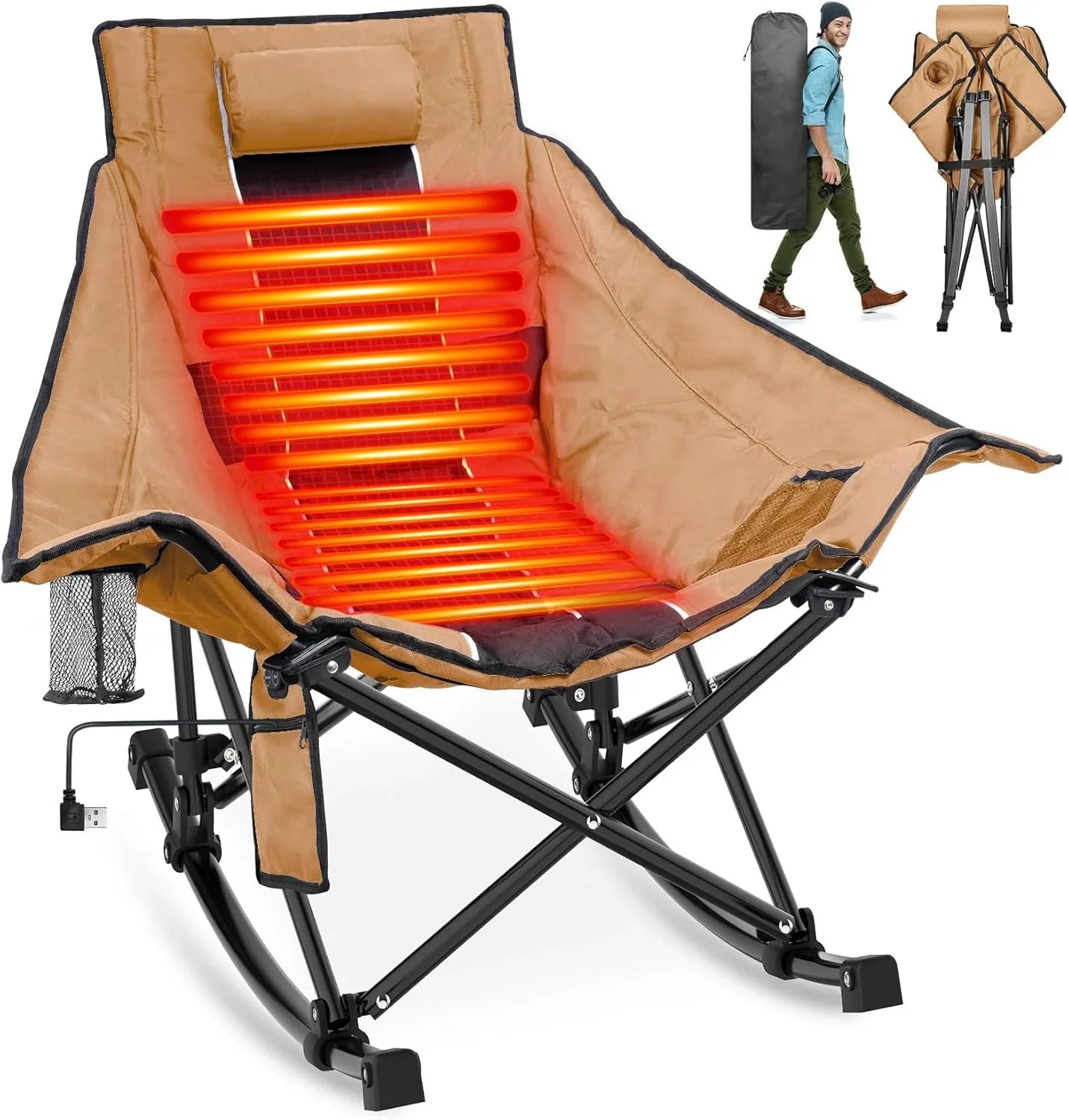 Chaise de camping chauffante, chaise de sport d'extérieur extra large avec 3 niveaux de chaleur sur le dossier et l'assise, chaise d'extérieur chauffante pliante portable (piles non incluses)