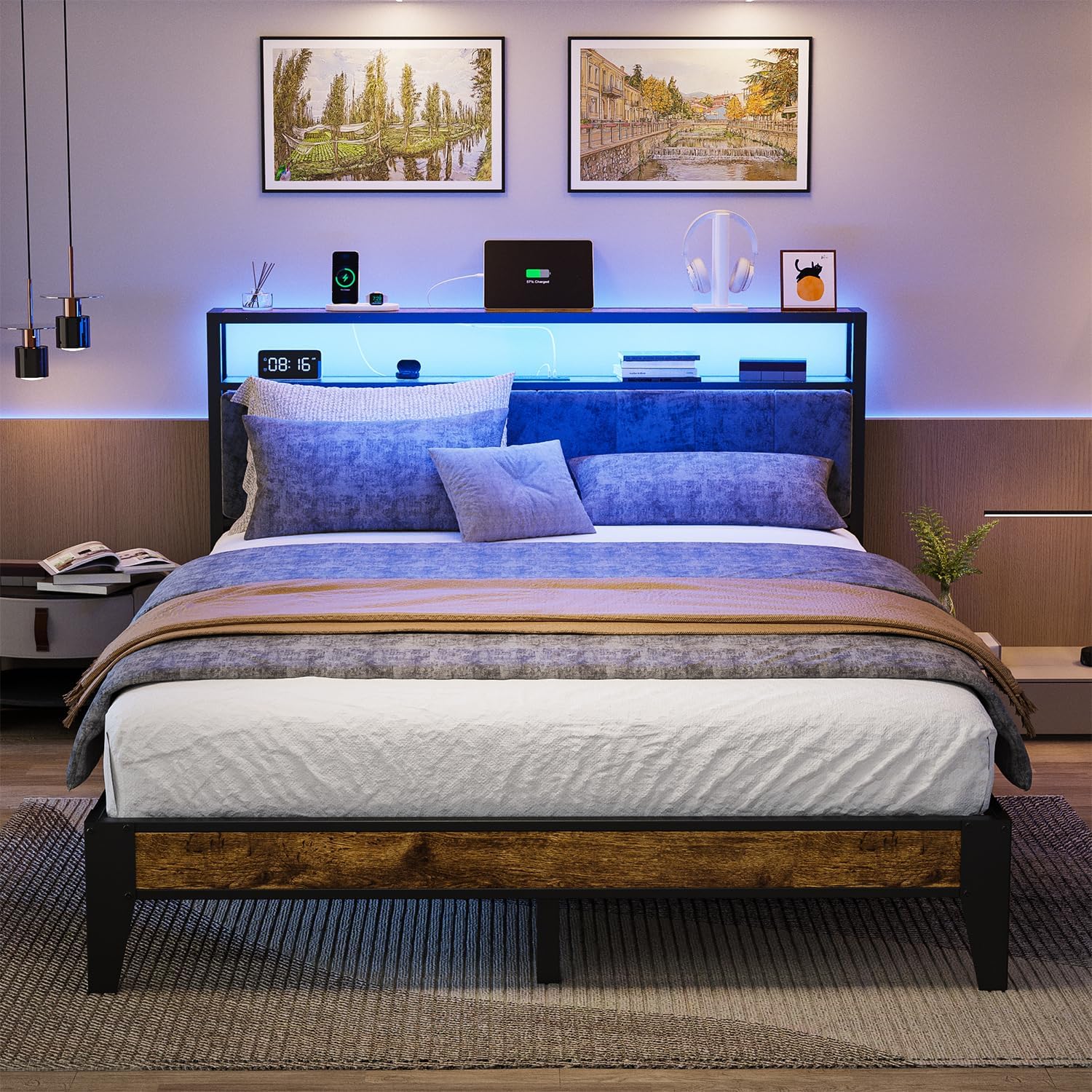 Cadre de lit simple OLEVS avec tête de lit et station de charge de type C