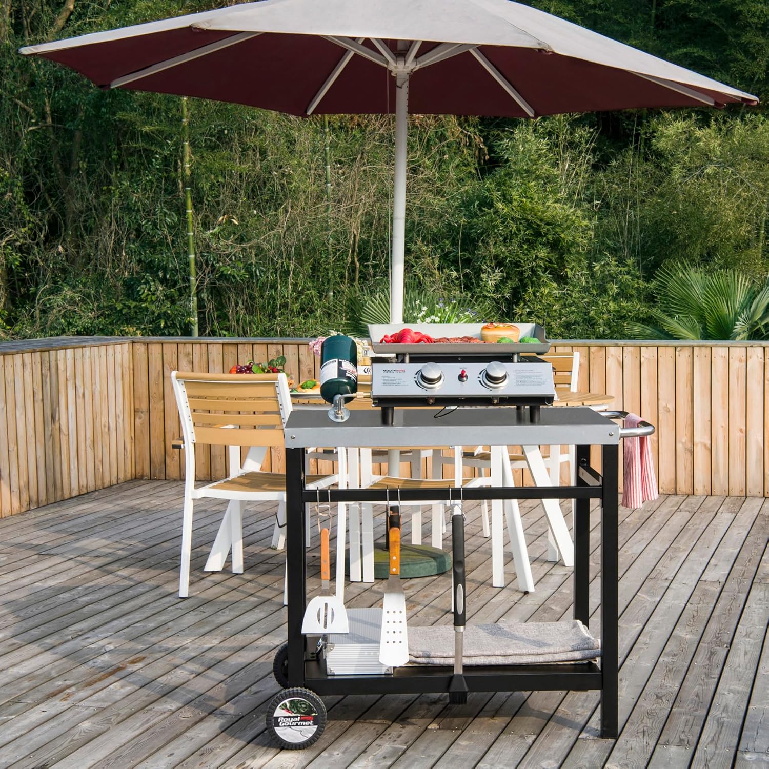 Table à manger Royal Gourmet avec double étagères, chariot de barbecue mobile en acier inoxydable, crochets et poignées latérales