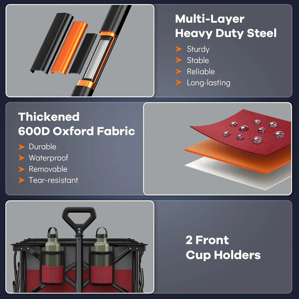 Poussette pliable à quatre roues de 96 cm de long, pliable, capacité de 200 kg, poussette de plage pliable robuste de 220 litres avec de grands pneus tout-terrain