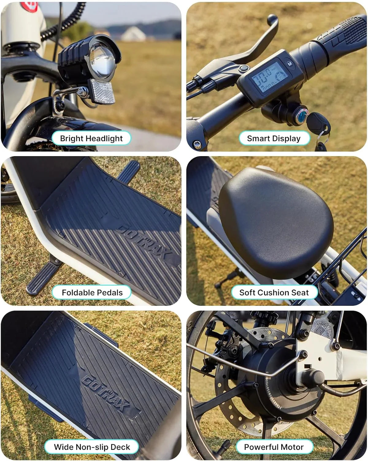 Trottinette électrique adulte Gotrax avec siège, autonomie maximale de 19 à 25 miles, pneus tout-terrain, pédales larges, siège rembourré et nacelle