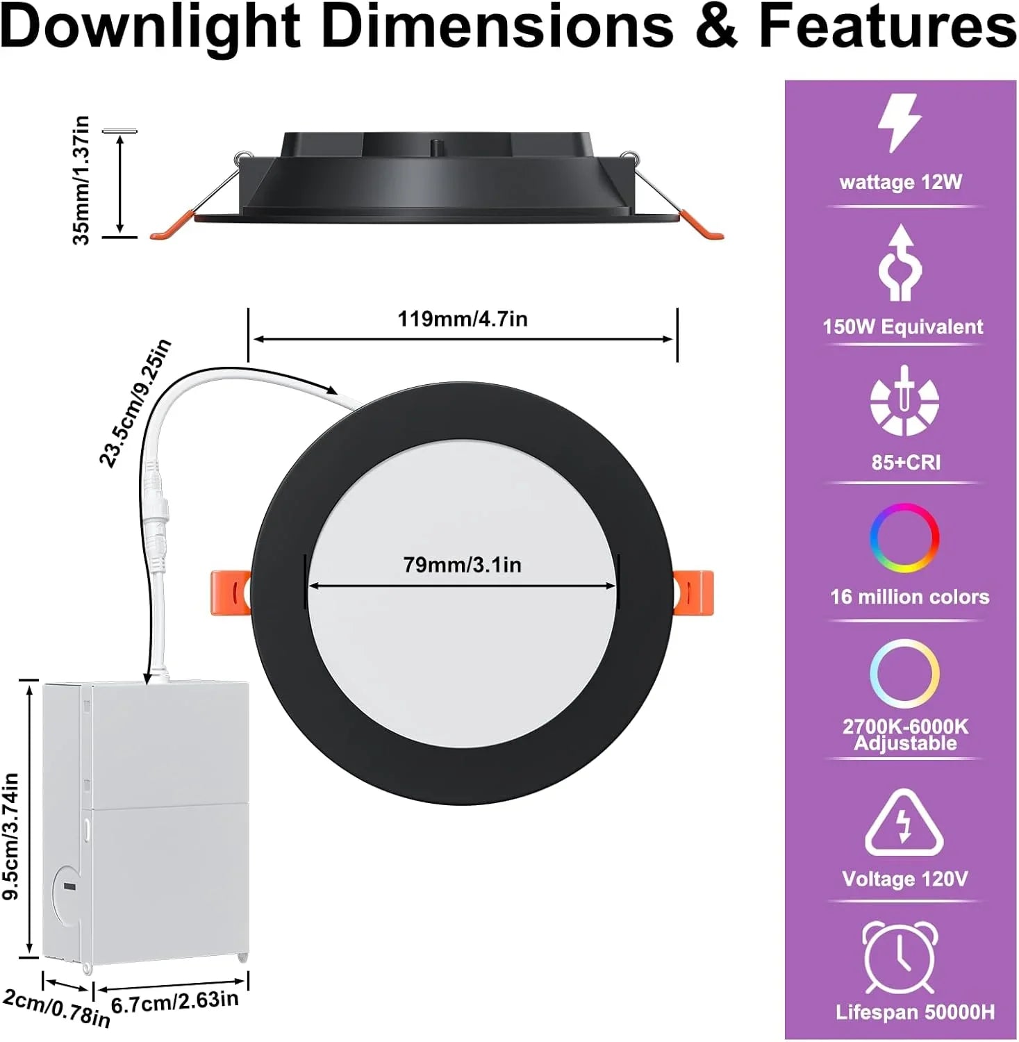 Spot LED encastré intelligent 12 W RGBCW à changement de couleur de 4 po avec boîte de jonction