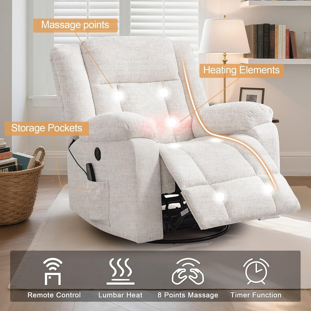 Fauteuil à bascule pour adulte, fauteuil inclinable coulissant, fauteuil à bascule rotatif à 360° avec fonction massage et chauffage