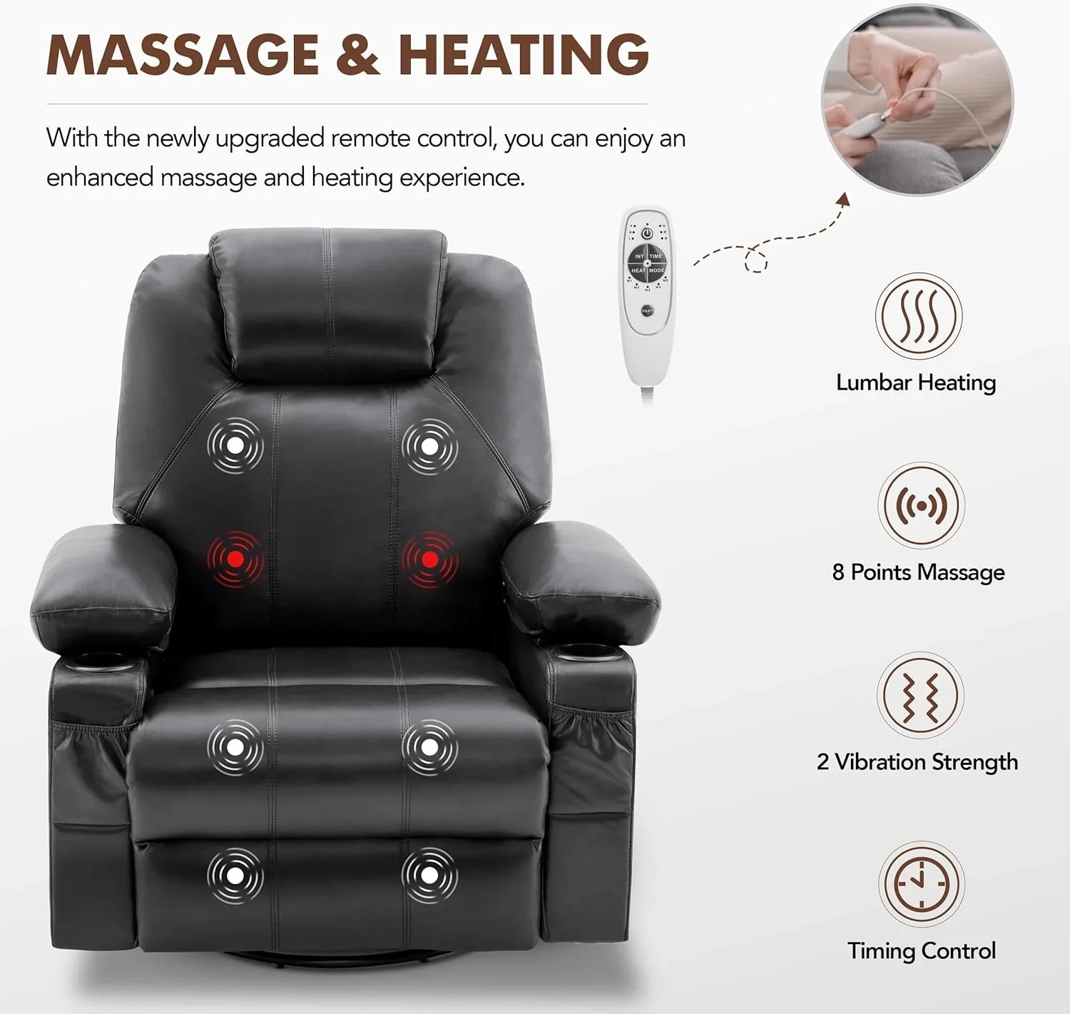 Grand fauteuil inclinable pivotant à bascule avec fonction chauffage et massage, canapé simple pivotant à 360 degrés