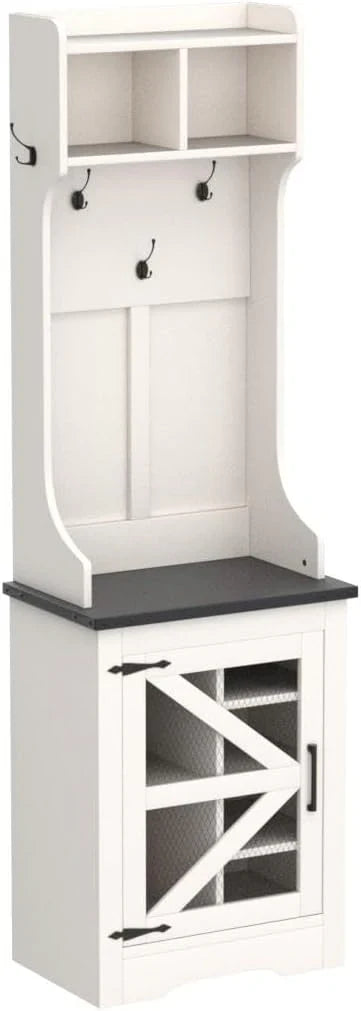 JXQTLINGMU Arbre de foyer de ferme de 59 pouces avec rangement pour chaussures, banc d'entrée, porte-manteau, armoire