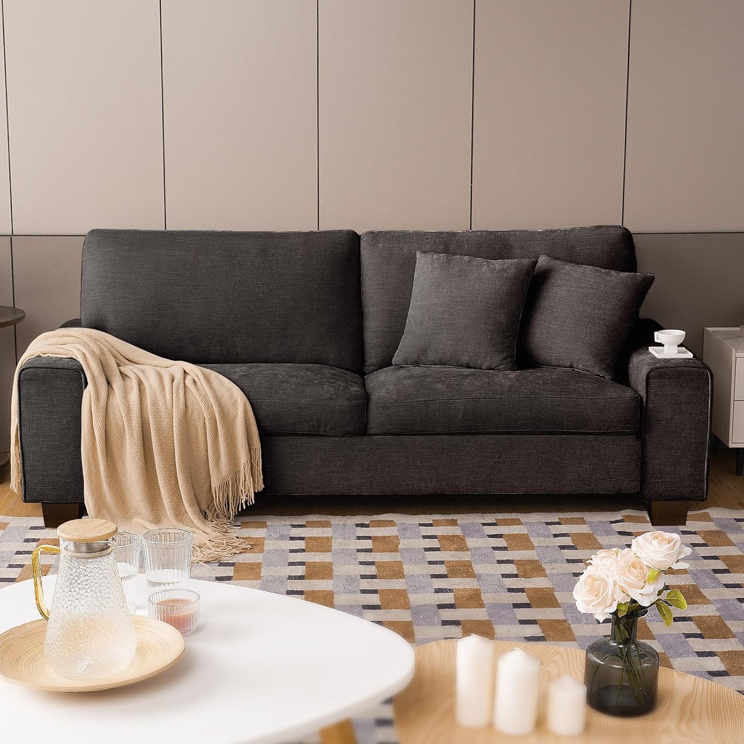 DOPEDIO tweepersoonsbank voor de woonkamer, chenille fauteuil, afneembaar, massief houten frame 