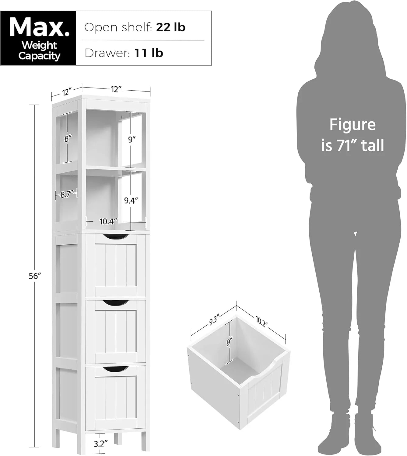 Meuble de salle de bain au sol, meuble de rangement en bois avec 2 tiroirs, support de rangement latéral multifonctionnel