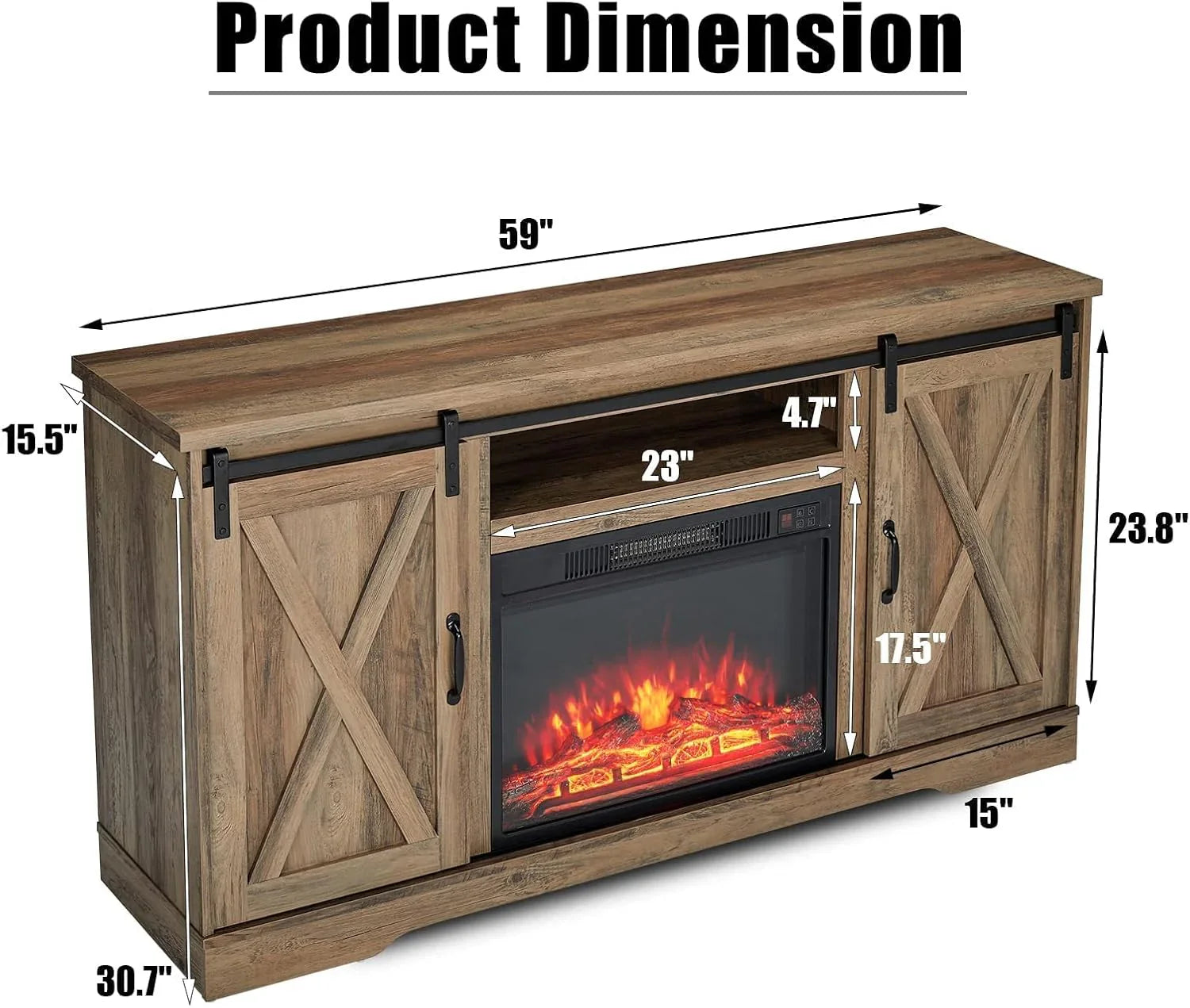 Meuble TV avec cheminée AMERLIFE et portes coulissantes style grange, compatible avec les téléviseurs jusqu'à 73 pouces, centre de divertissement avec cheminée de style ferme