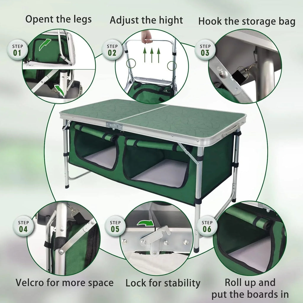Table pliante d'extérieur en aluminium, légère, réglable en hauteur, avec rangement, pour barbecue, fête, camping