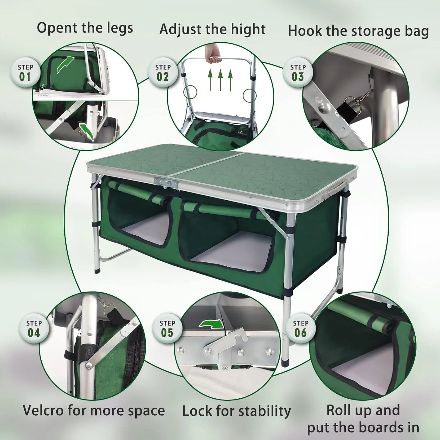 Table pliante d'extérieur en aluminium, légère, réglable en hauteur, avec rangement, pour barbecue, fête, camping