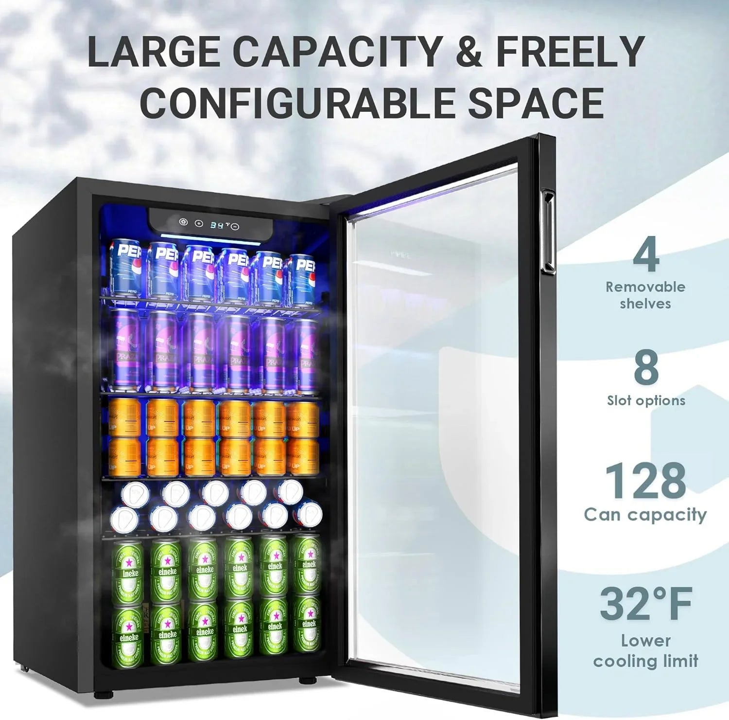 Réfrigérateur à boissons EUHOMY, mini-réfrigérateur 130 canettes avec porte vitrée pour soda, bière ou vin, refroidisseur de boissons pour la maison et le bureau