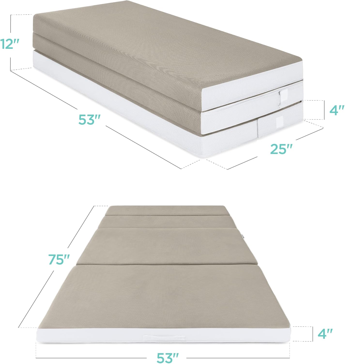 Matelas Queen Size portable de 4 pouces, matelas pliable en trois parties pour camping, invités et tout-petits