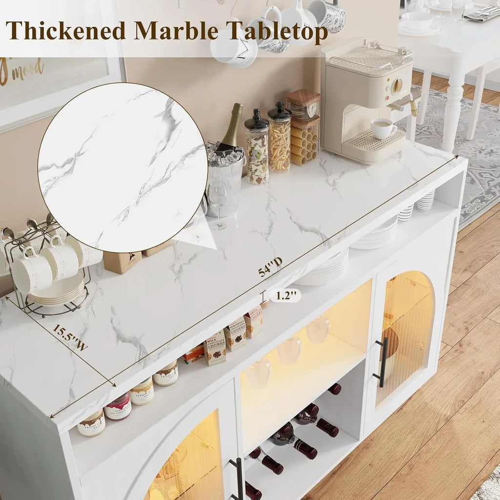 Buffet, armoire de cuisine de 54 pouces avec lumières LED et portes en verre cintrées, armoire de bar haute
