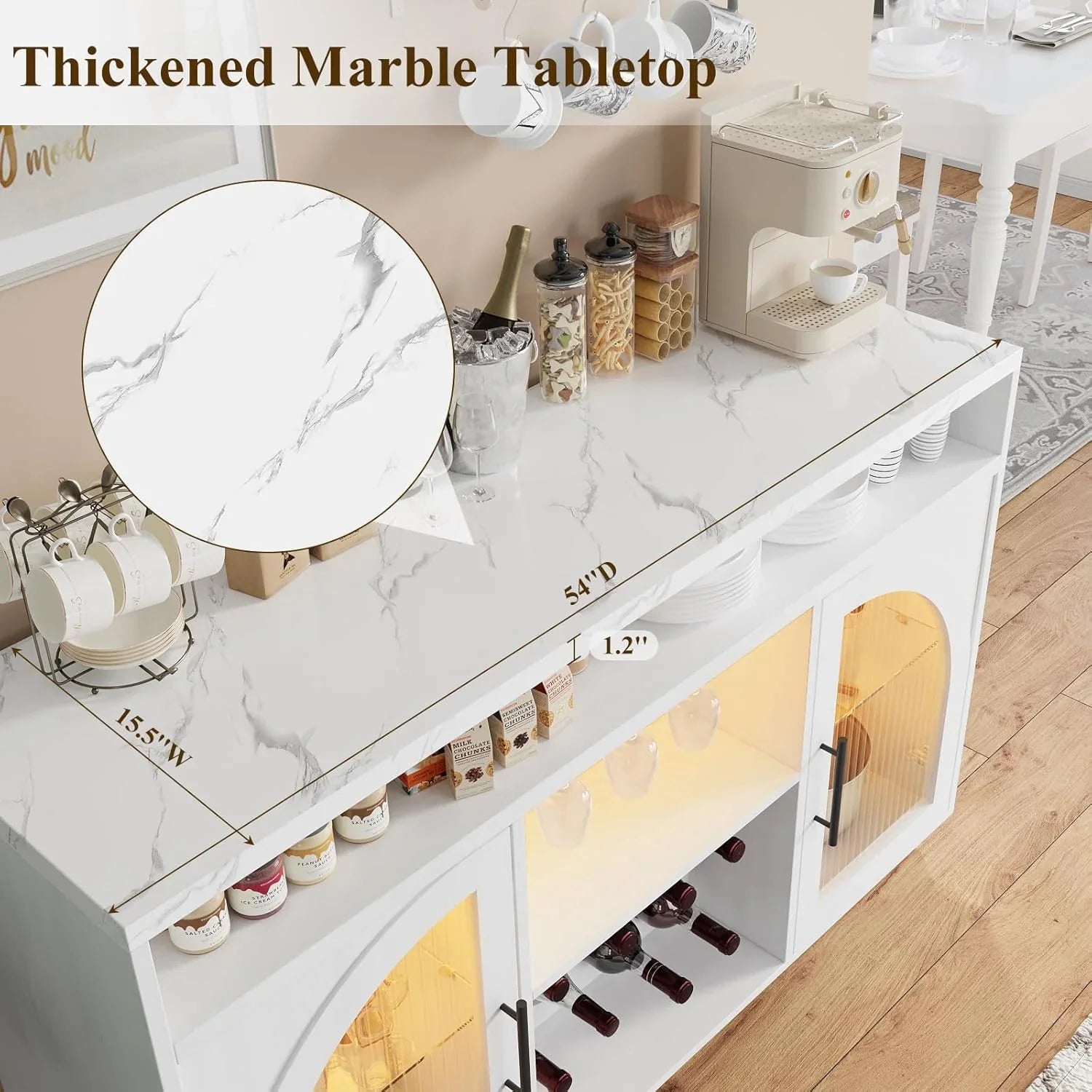 Buffet, armoire de cuisine de 54 pouces avec lumières LED et portes en verre cintrées, armoire de bar haute