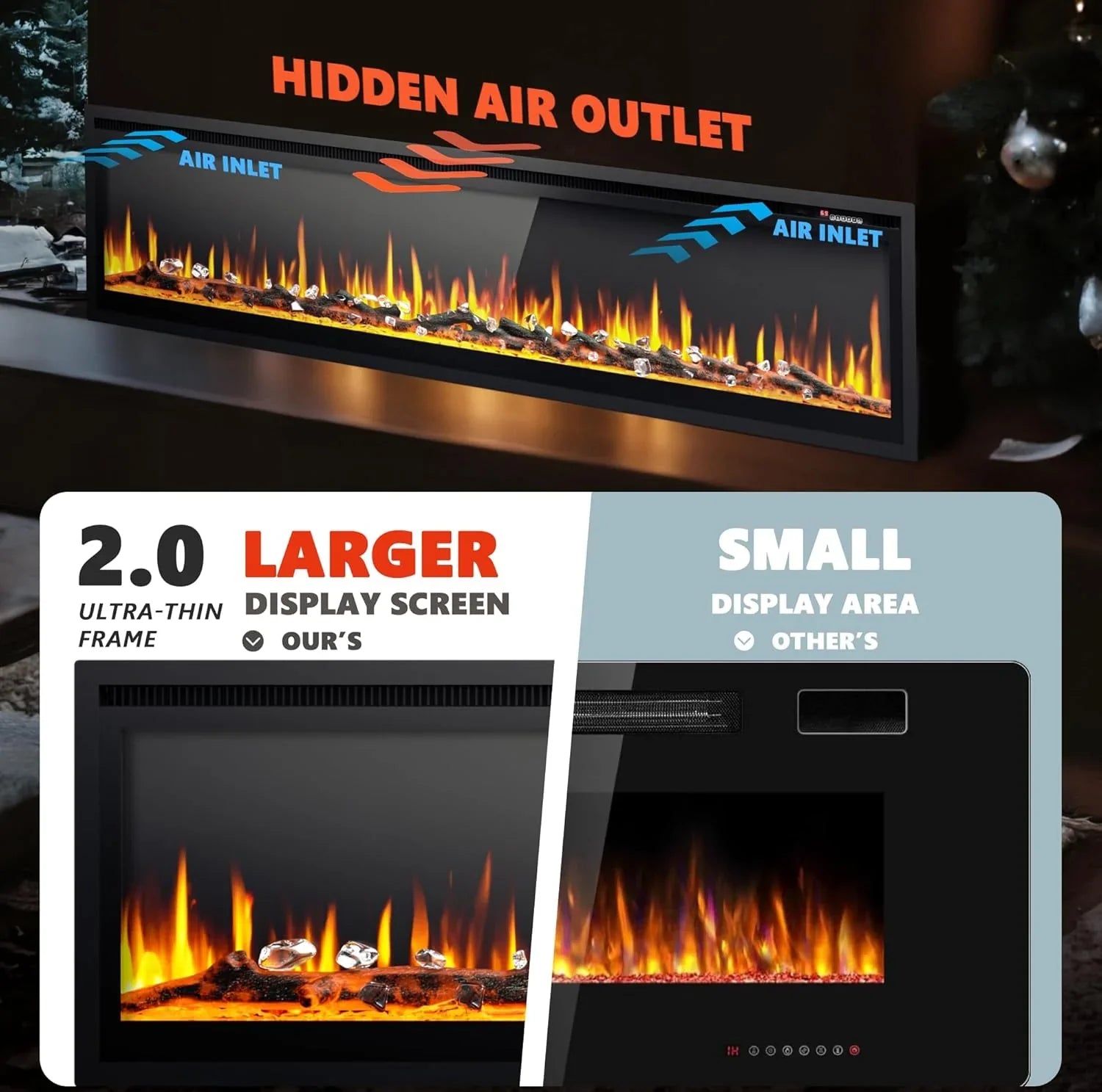 EUHOMY Cheminée électrique encastrée et murale de 50 pouces avec couleur de flamme réglable, chauffage de cheminée avec télécommande, cheminée linéaire avec minuterie, écran tactile, bûche et cristal, 750/1500 W
