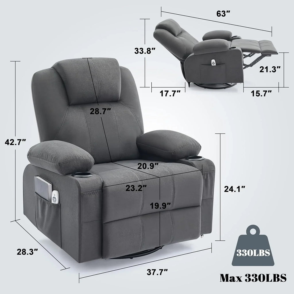 Grand fauteuil inclinable pivotant à bascule avec fonction chauffage et massage, canapé simple pivotant à 360 degrés