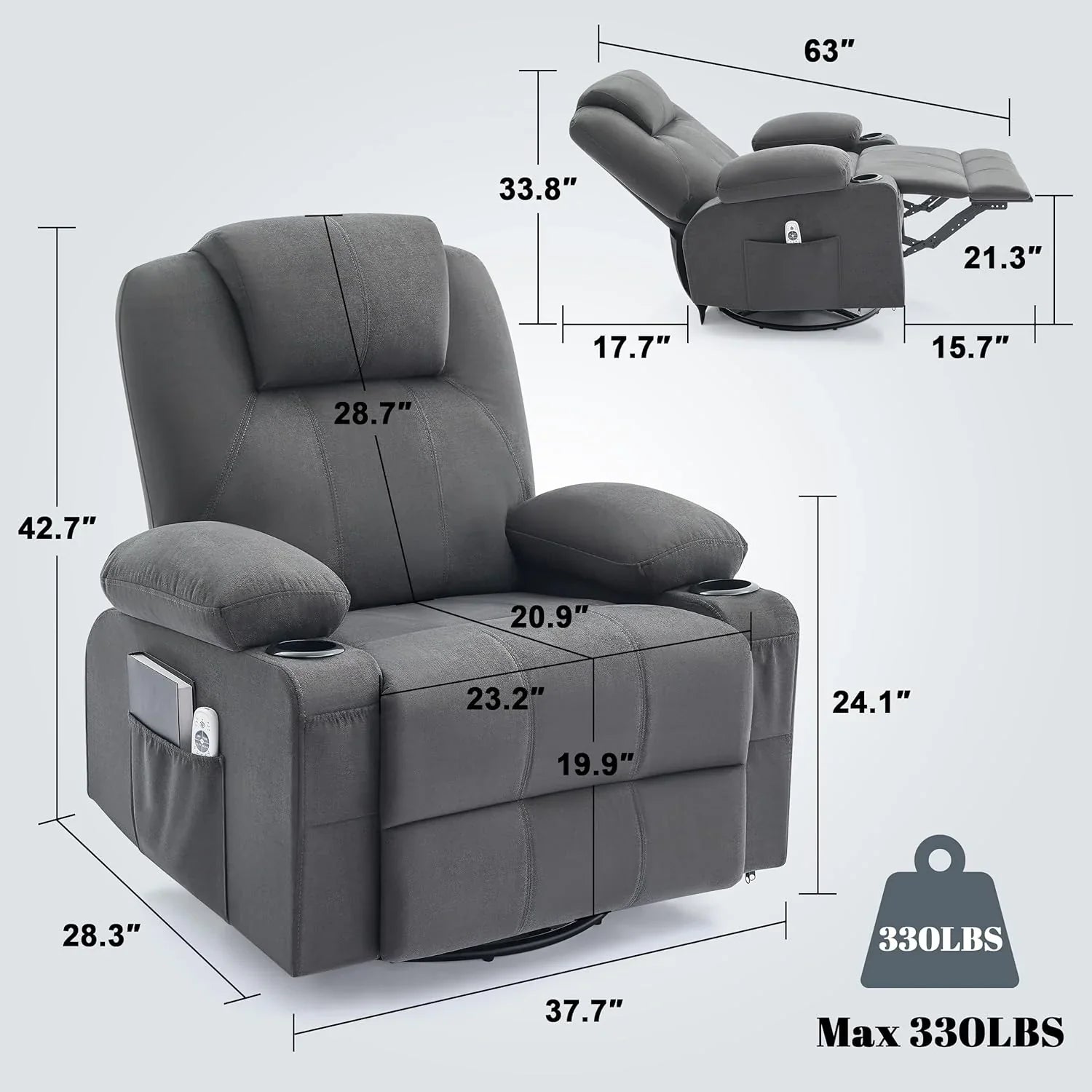 Grand fauteuil inclinable pivotant à bascule avec fonction chauffage et massage, canapé simple pivotant à 360 degrés